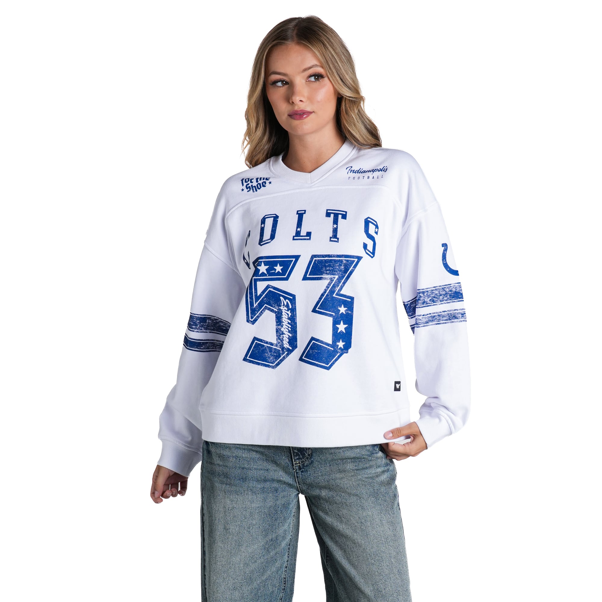 Sweat-shirt blanc ample à col en V The Wild Collective Indianapolis Colts pour femme