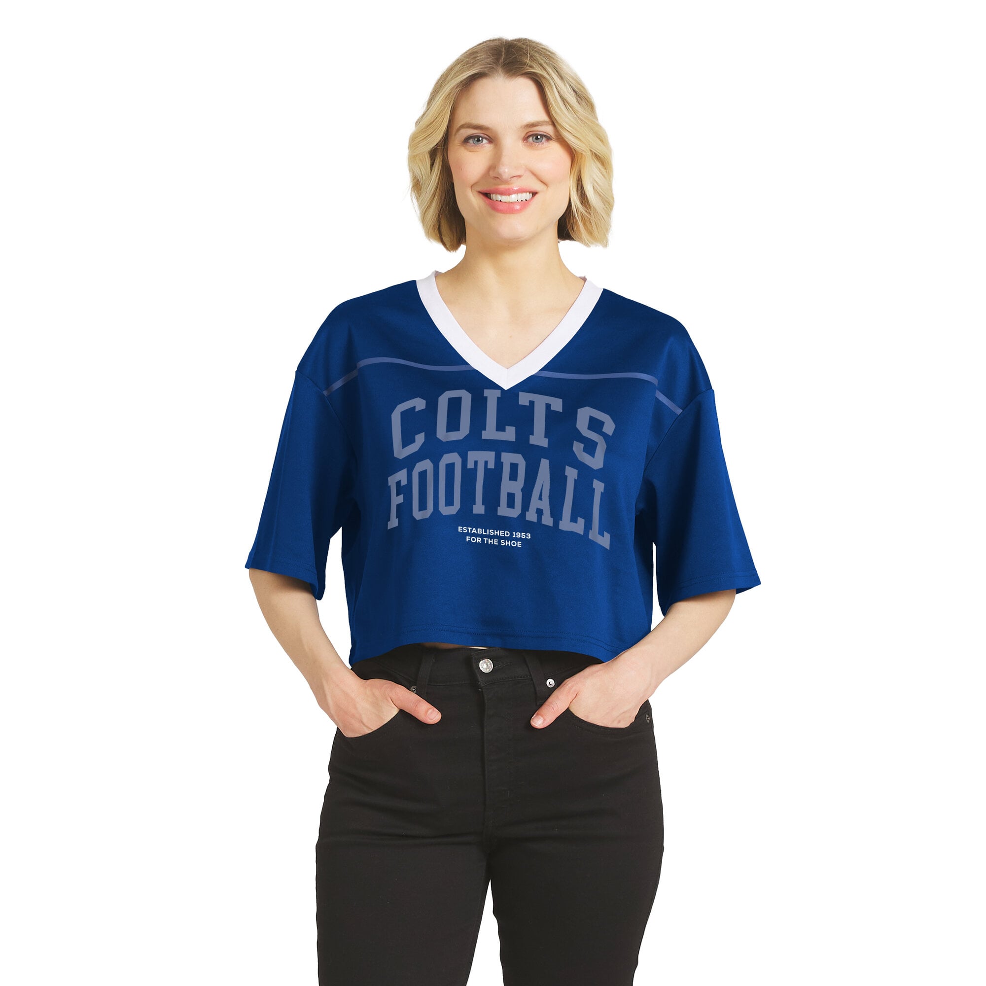 T-shirt court à col en V pour femme WEAR by Erin Andrews Royal Indianapolis Colts