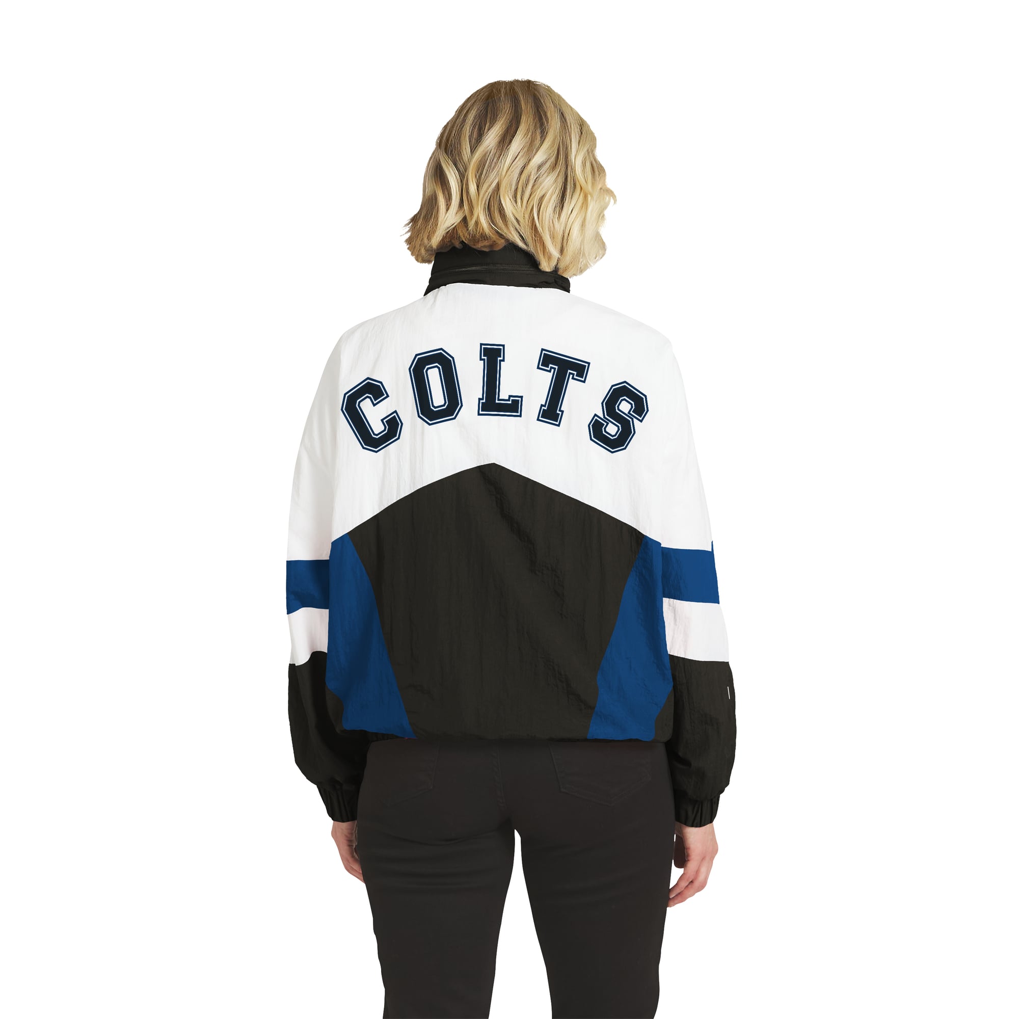 Veste coupe-vent à capuche WEAR by Erin Andrews pour femme, blanche/bleu roi, Indianapolis Colts, boutons-pression.