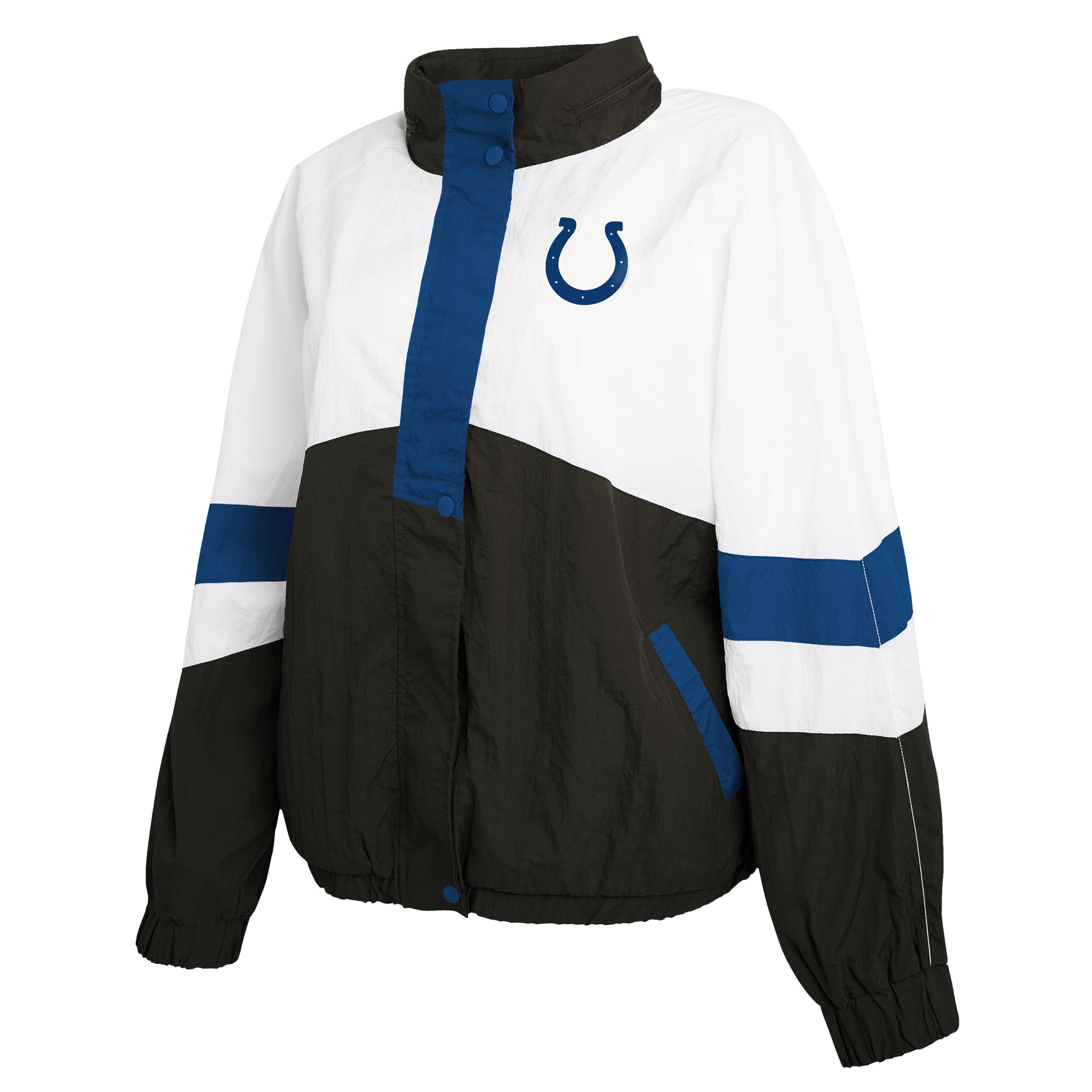 Veste coupe-vent à capuche WEAR by Erin Andrews pour femme, blanche/bleu roi, Indianapolis Colts, boutons-pression.