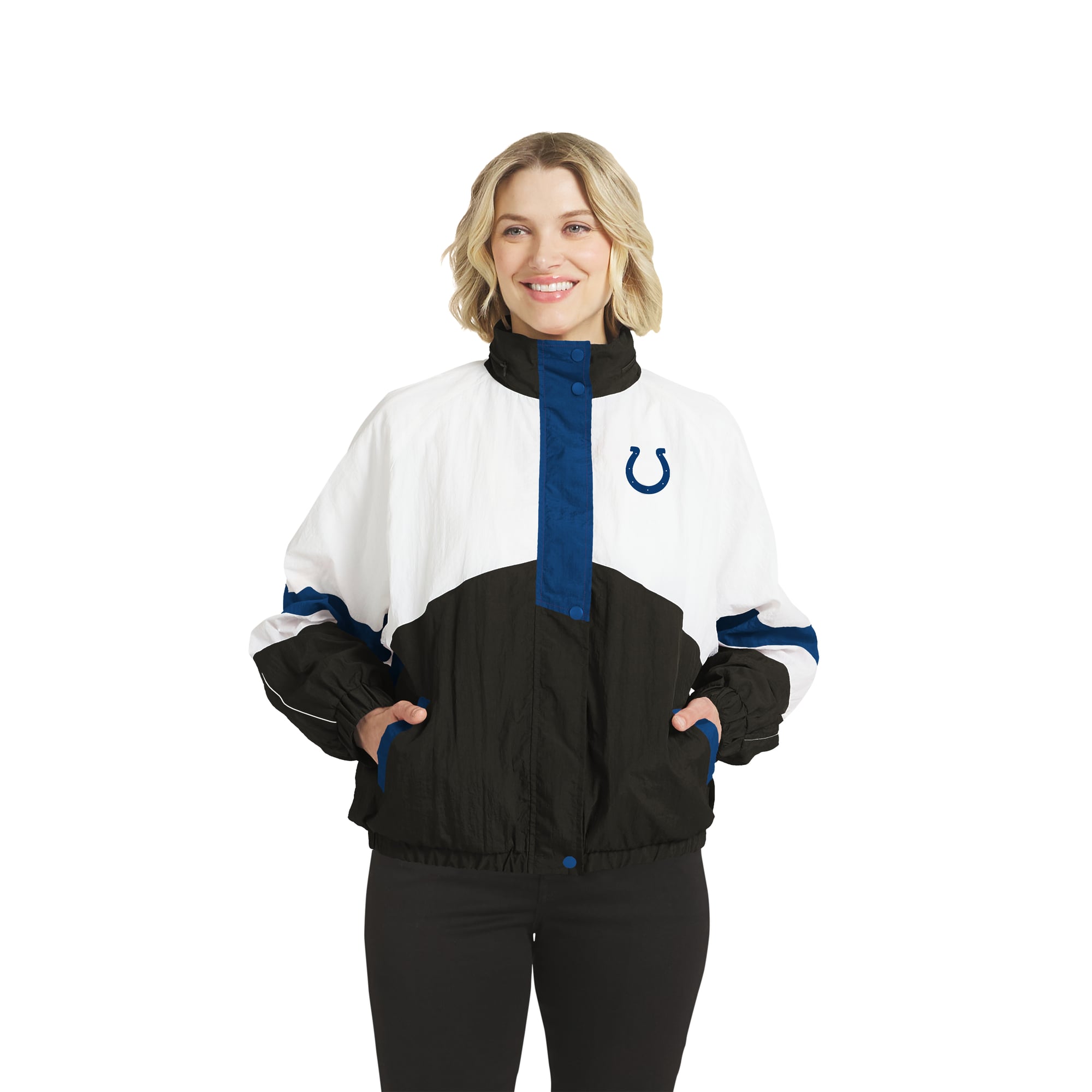 Veste coupe-vent à capuche WEAR by Erin Andrews pour femme, blanche/bleu roi, Indianapolis Colts, boutons-pression.