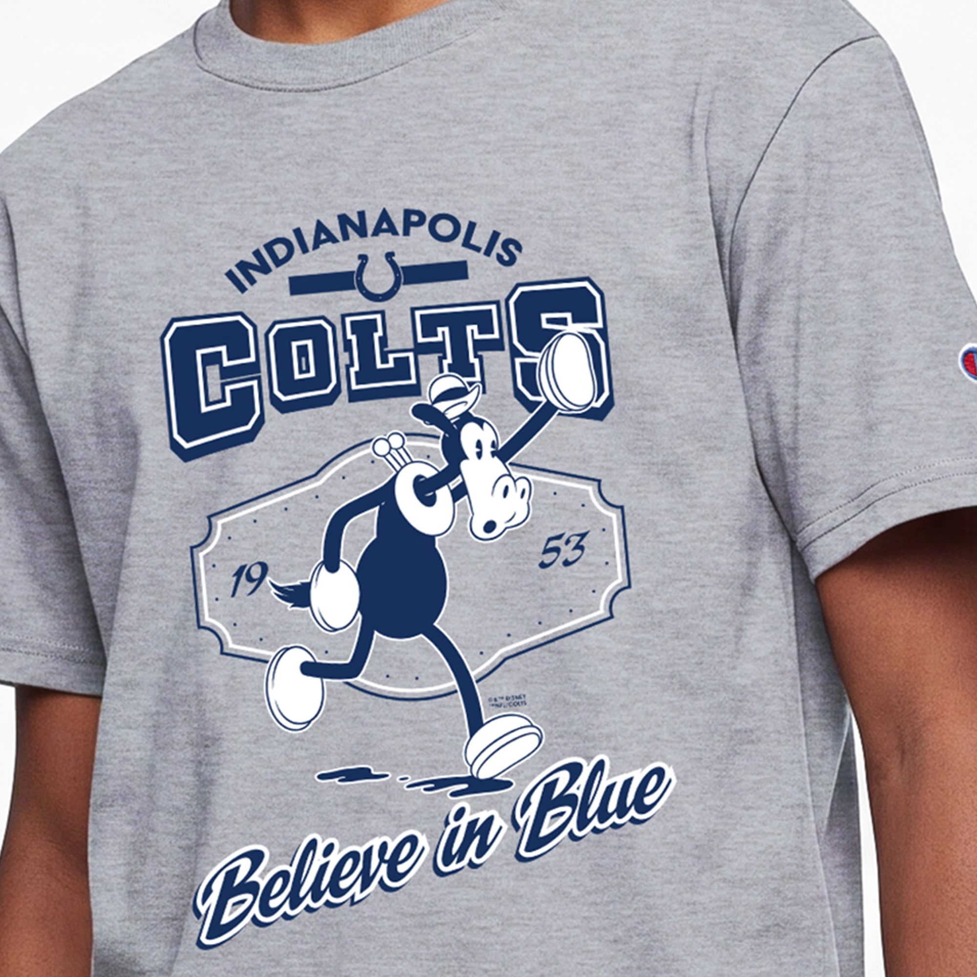 Youth Disney x Champion Heather Gray Indianapolis Colts Horace Horsecollar T-Shirt
