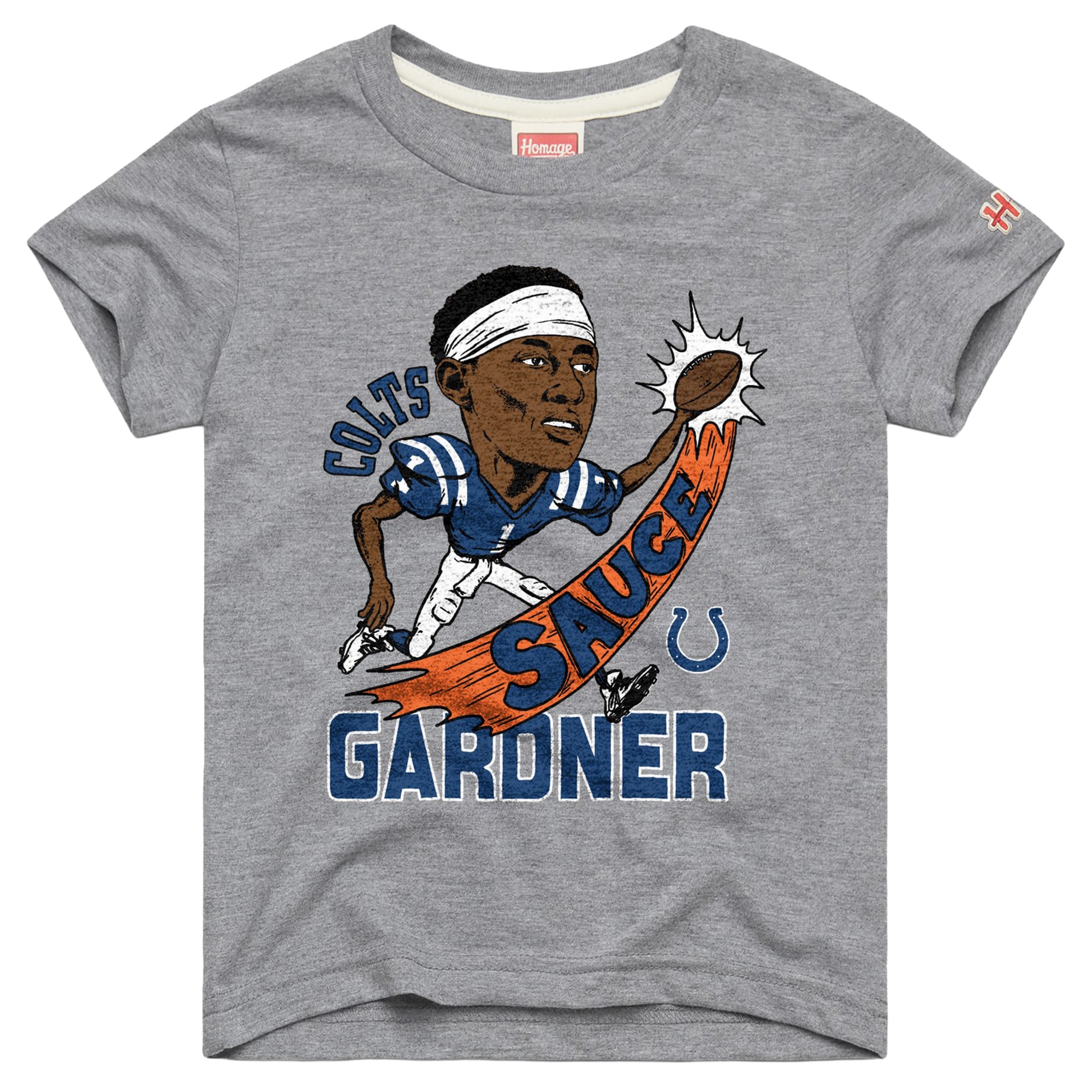T-shirt caricature d'Ahmad Sauce Gardner Gray des Indianapolis Colts, hommage aux jeunes