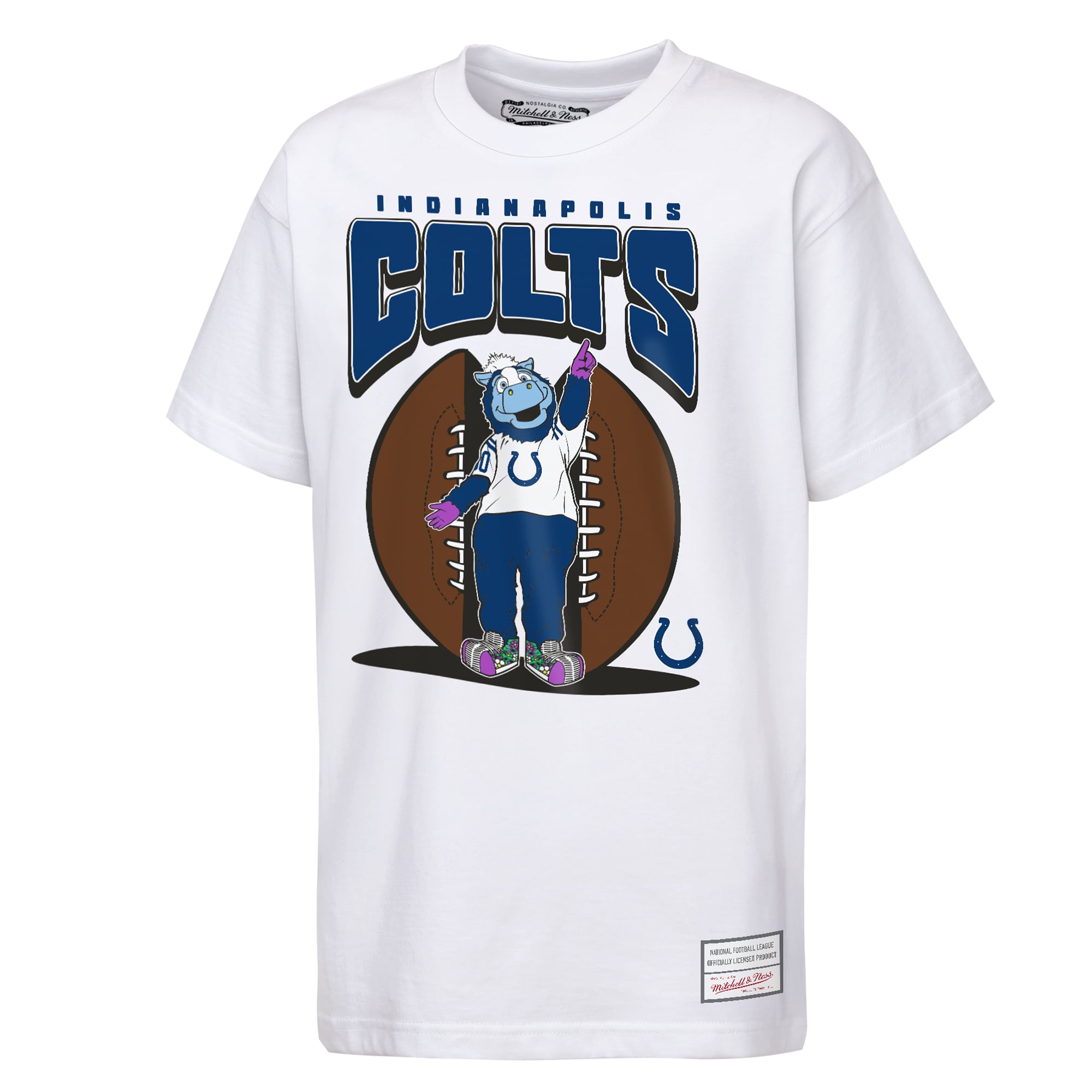 T-shirt Mitchell & Ness blanc pour jeunes, motif mascotte des Colts d'Indianapolis