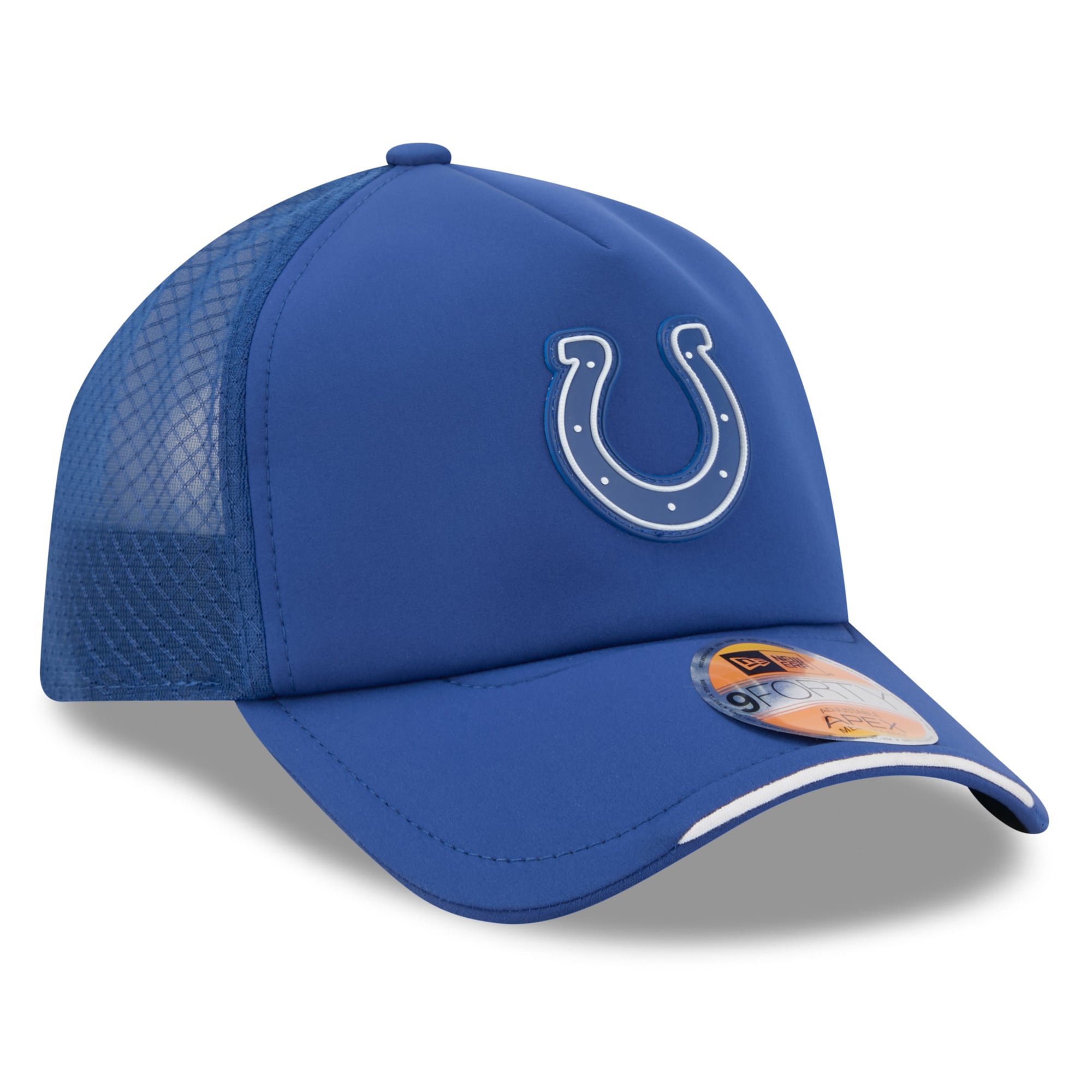 Youth New Era Royal Indianapolis Colts 2026 Sideline Apex 9FORTY Adjustable Trucker Hat