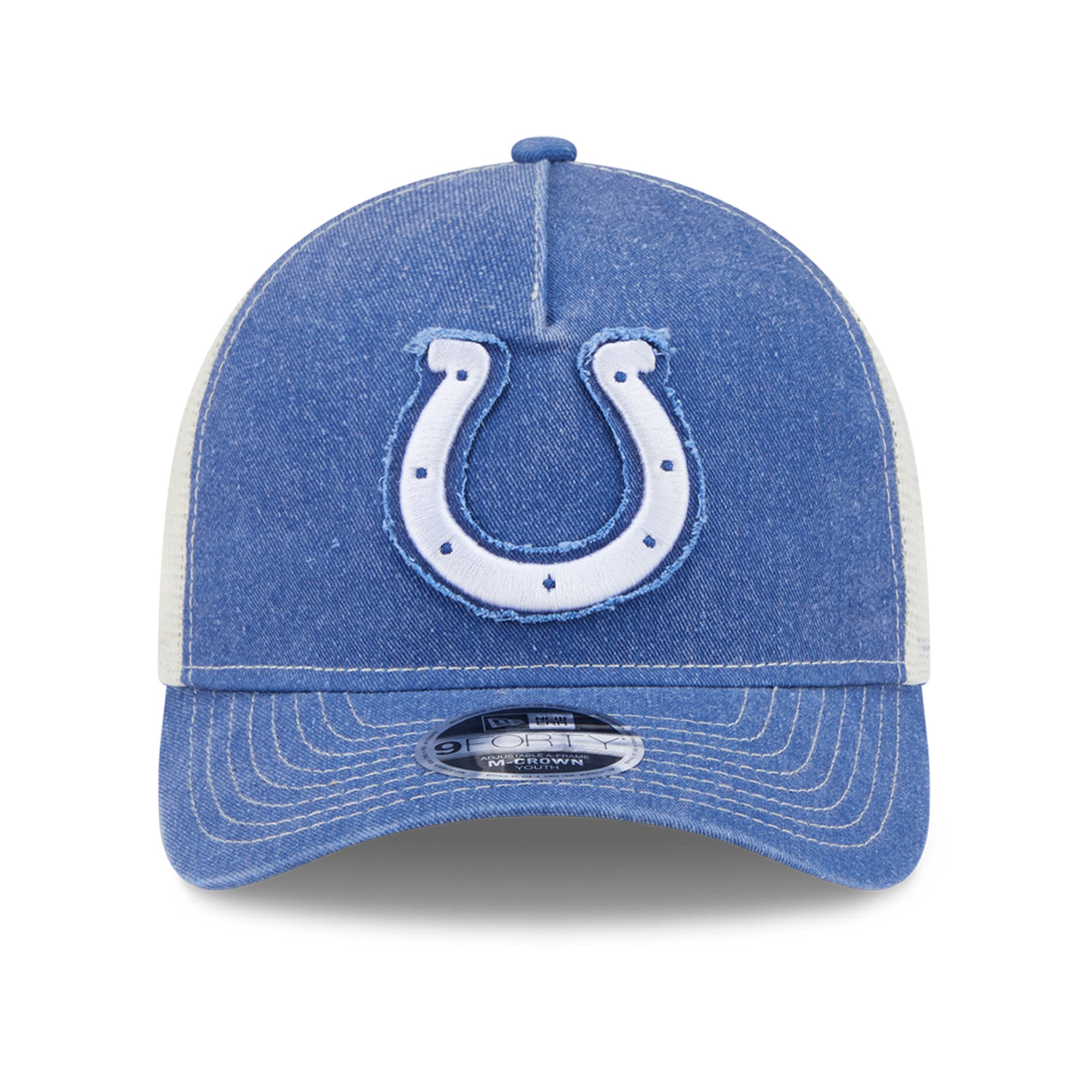 Casquette trucker ajustable New Era Royal Indianapolis Colts 9FORTY A-Frame M-Crown pour jeunes fans des Colts d'Indianapolis