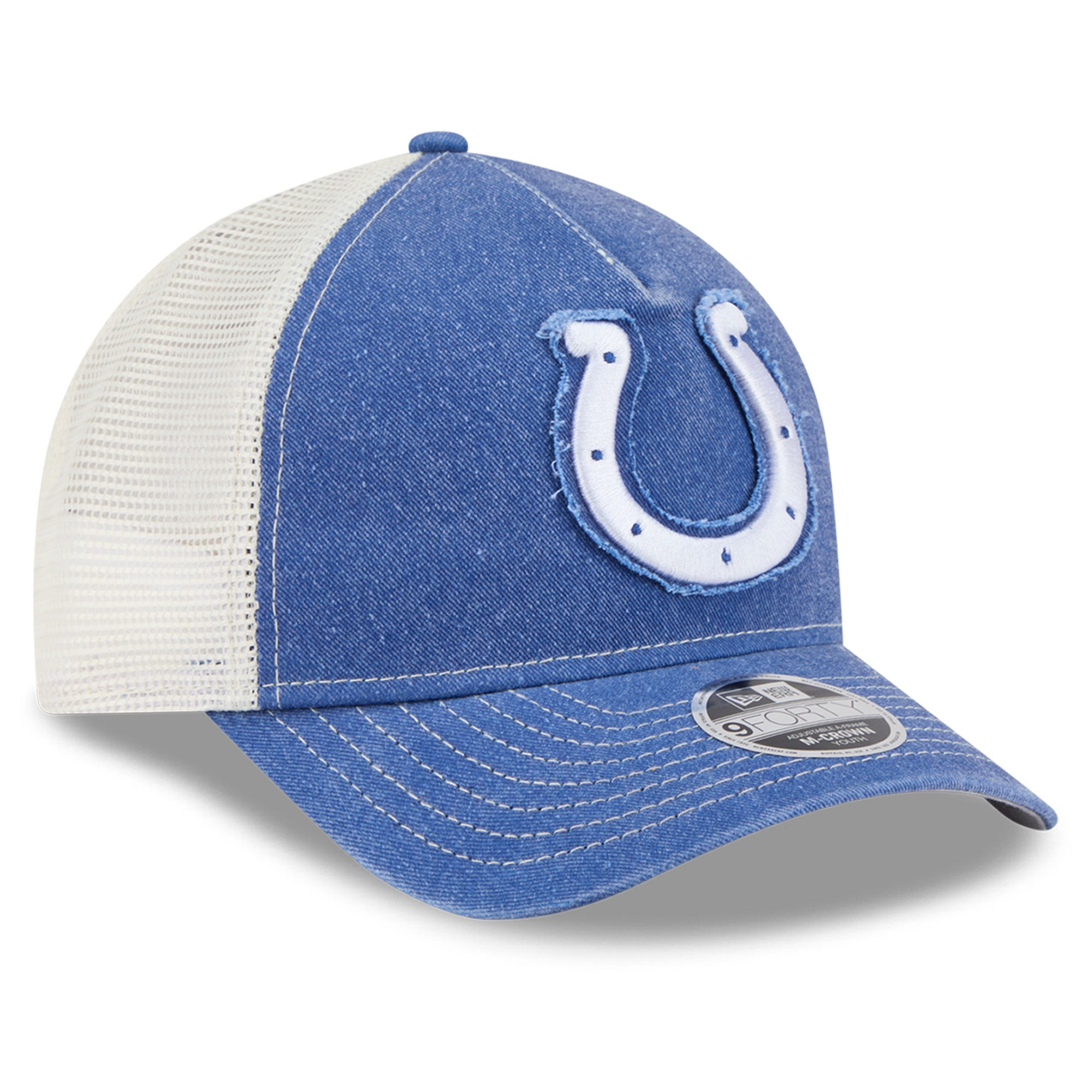 Casquette trucker ajustable New Era Royal Indianapolis Colts 9FORTY A-Frame M-Crown pour jeunes fans des Colts d'Indianapolis