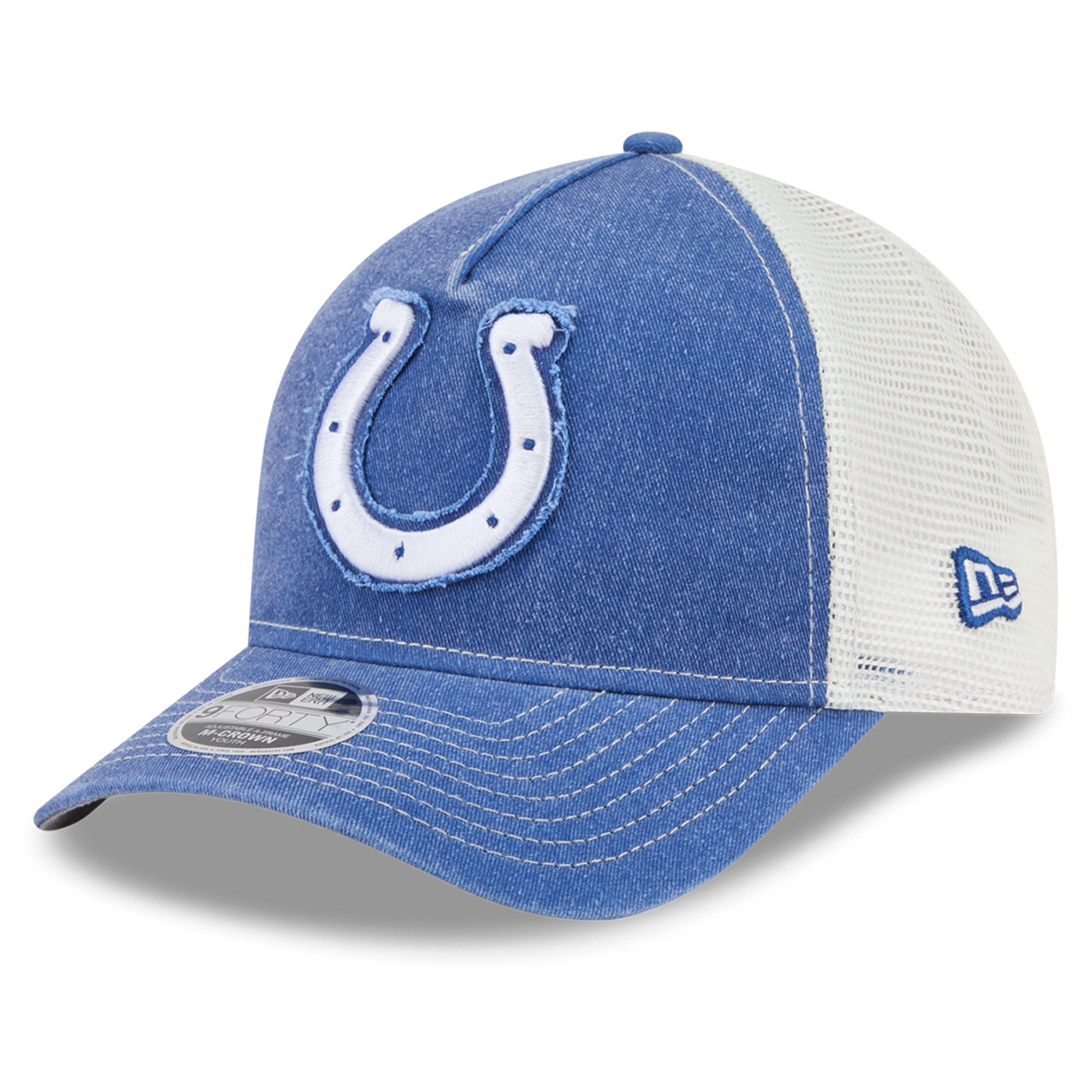 Casquette trucker ajustable New Era Royal Indianapolis Colts 9FORTY A-Frame M-Crown pour jeunes fans des Colts d'Indianapolis