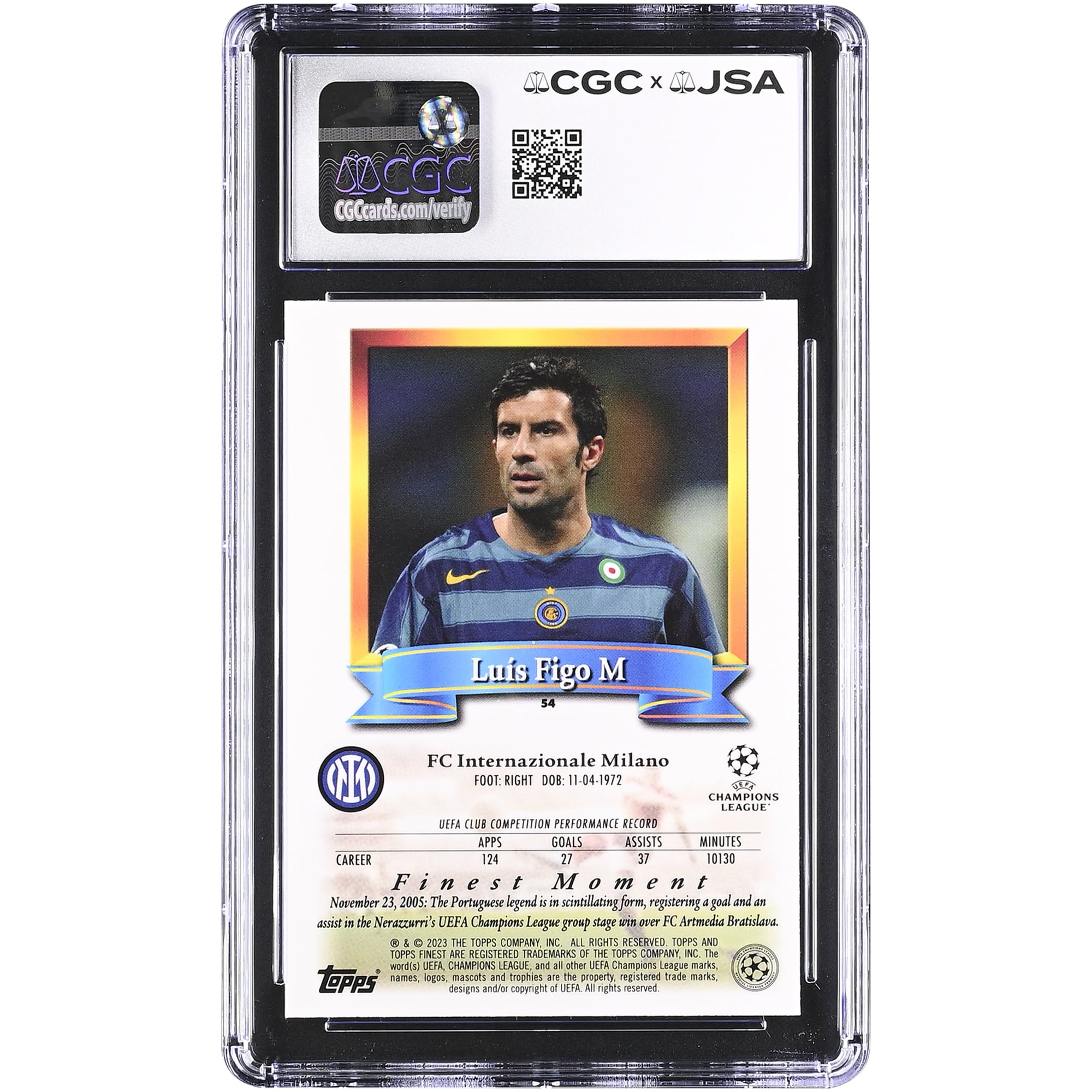 Luis Figo Inter Milan Autographed 2022-23 Topps Finest Flashbacks UCC #54 CGC Authenticated / Card