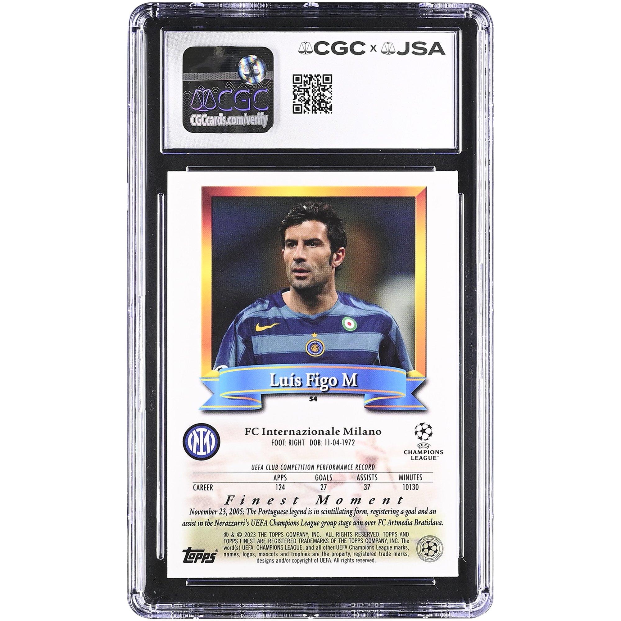 Luis Figo Inter Milan Autographed 2022-23 Topps Finest Flashbacks UCC #54 CGC Authenticated Auto 10 Card