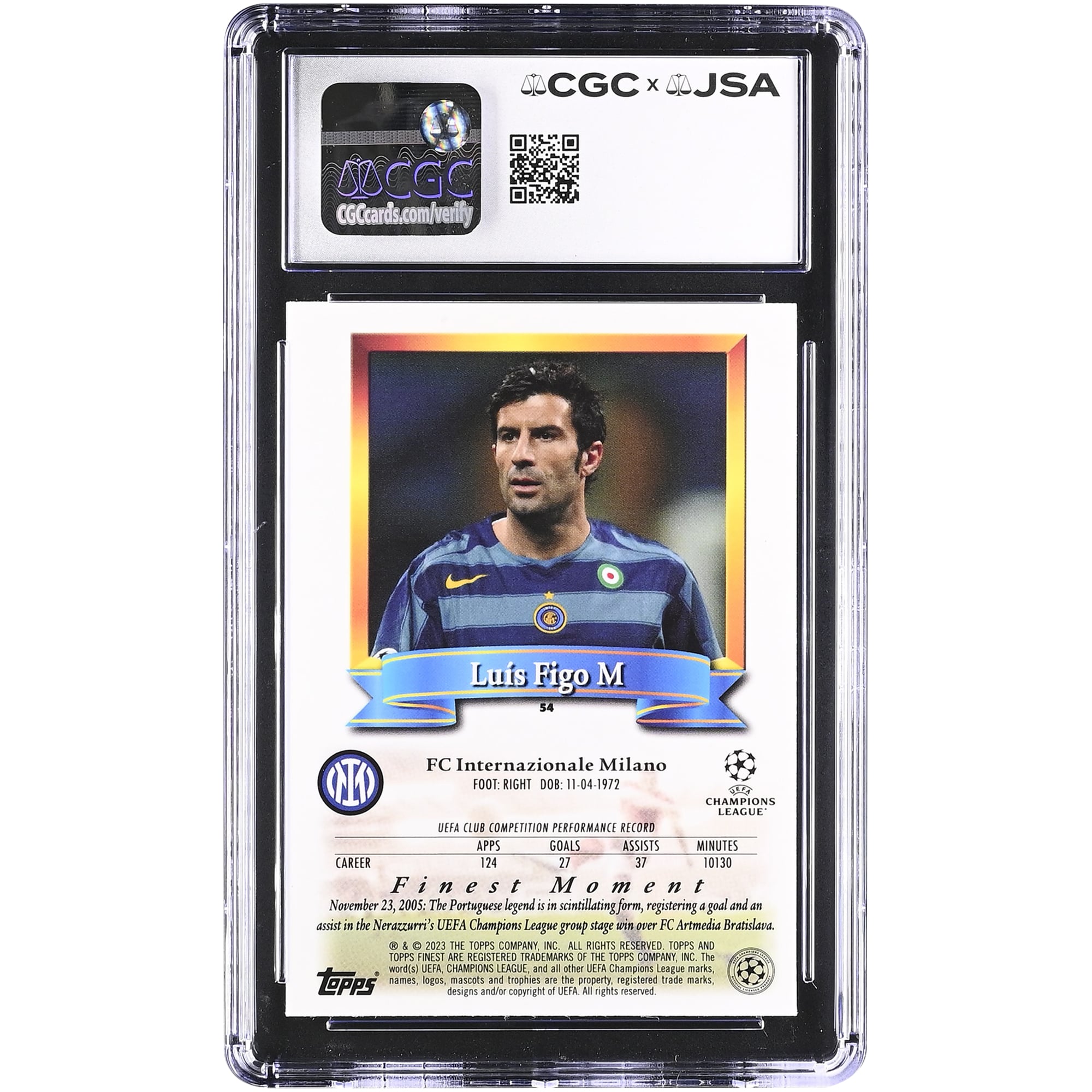 Carte authentifiée CGC Topps Finest Flashbacks UCC n° 54, signée par Luis Figo (Inter Milan), saison 2022-2023
