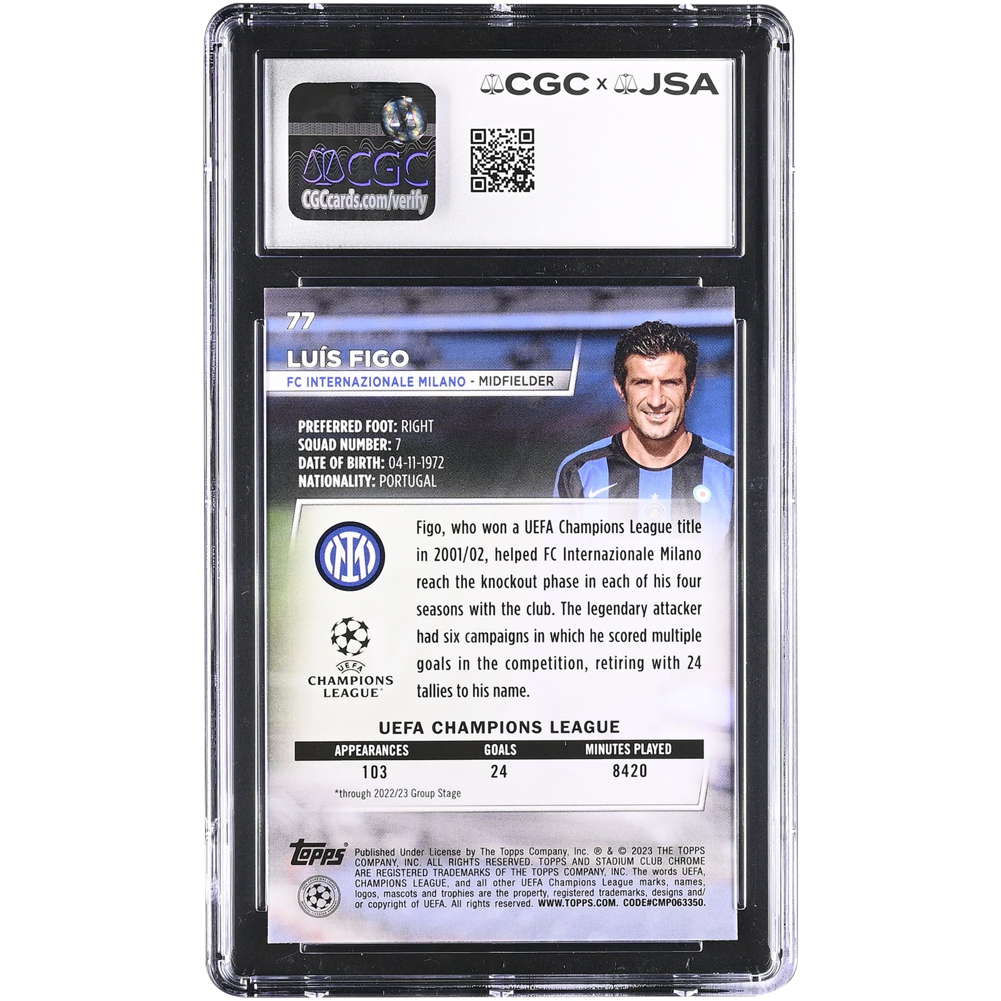 Carte autographiée Luis Figo Inter Milan 2022-23 Topps Stadium Club Chrome UEFA n° 77, authentifiée CGC 9,5/10