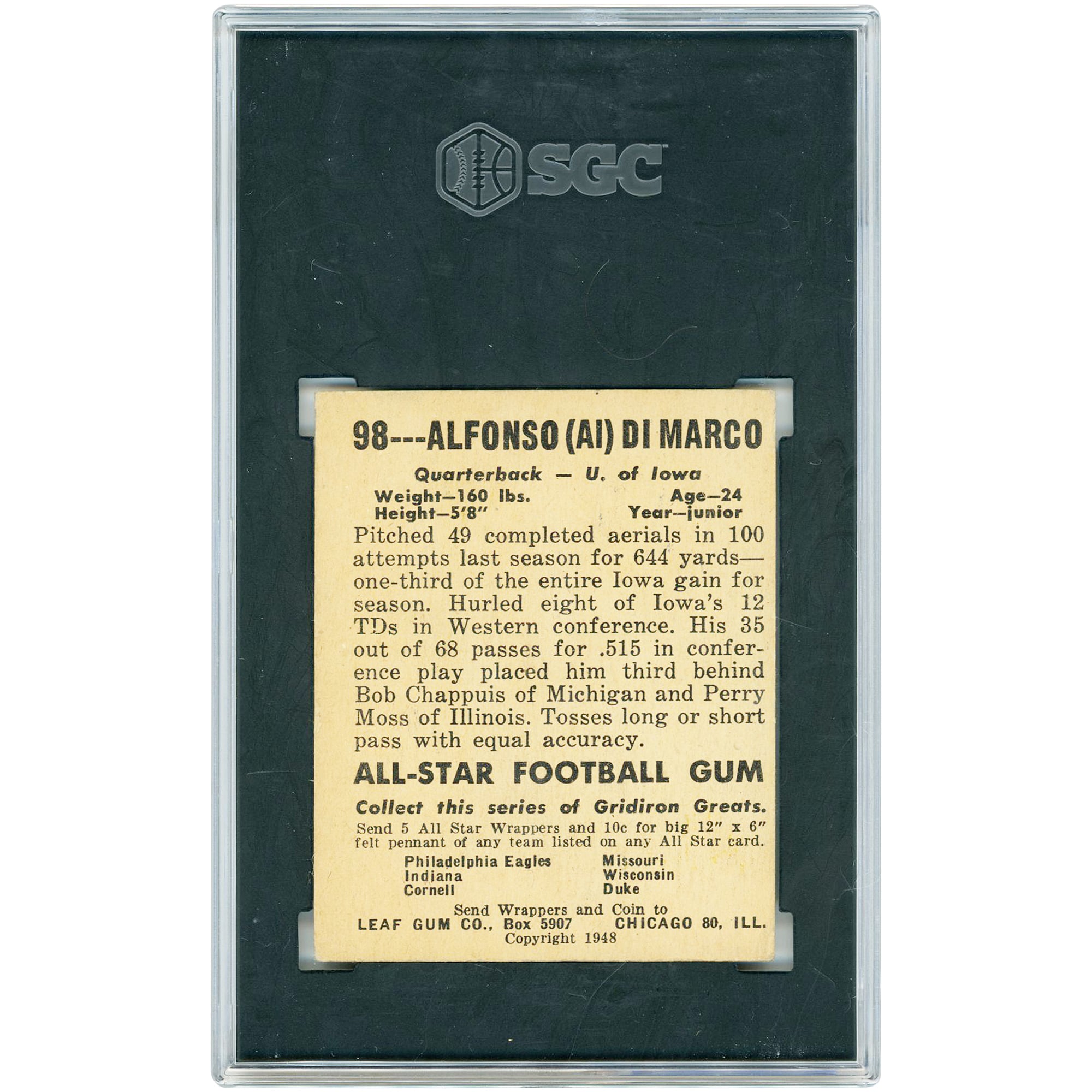 Alfonso Di Marco Iowa Hawkeyes 1948 Leaf Gum Co. #98 SGC Authenticated 3 Rookie Card
