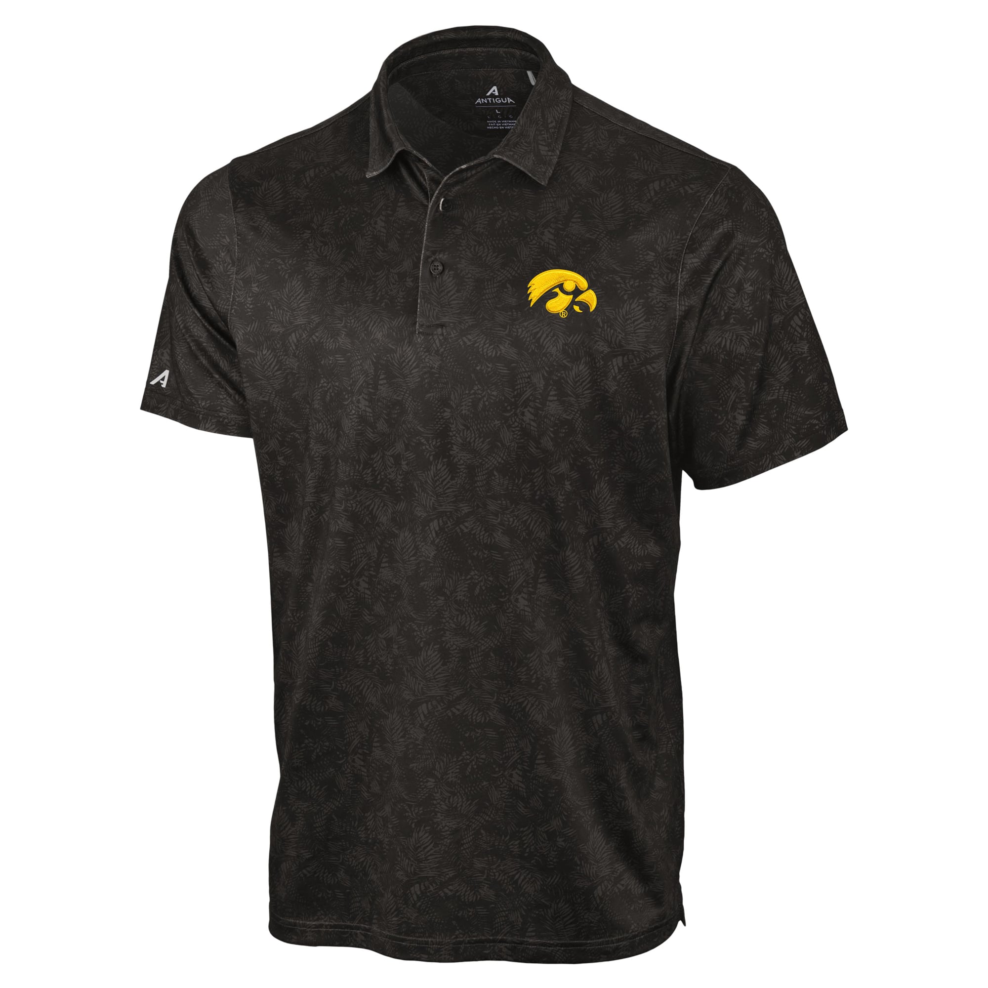 Polo Antigua noir pour homme, motif Iowa Hawkeyes.