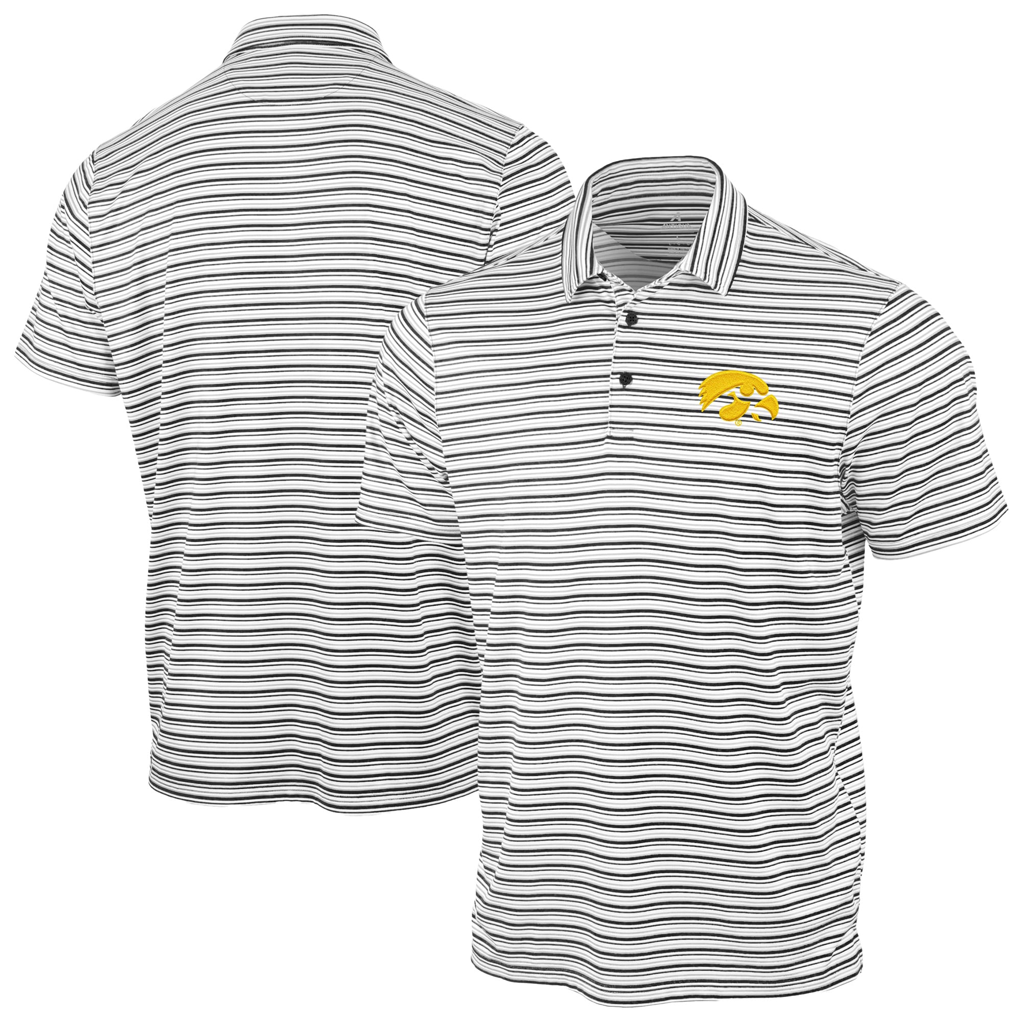 Men's Antigua Black Iowa Hawkeyes Space Stripe Polo