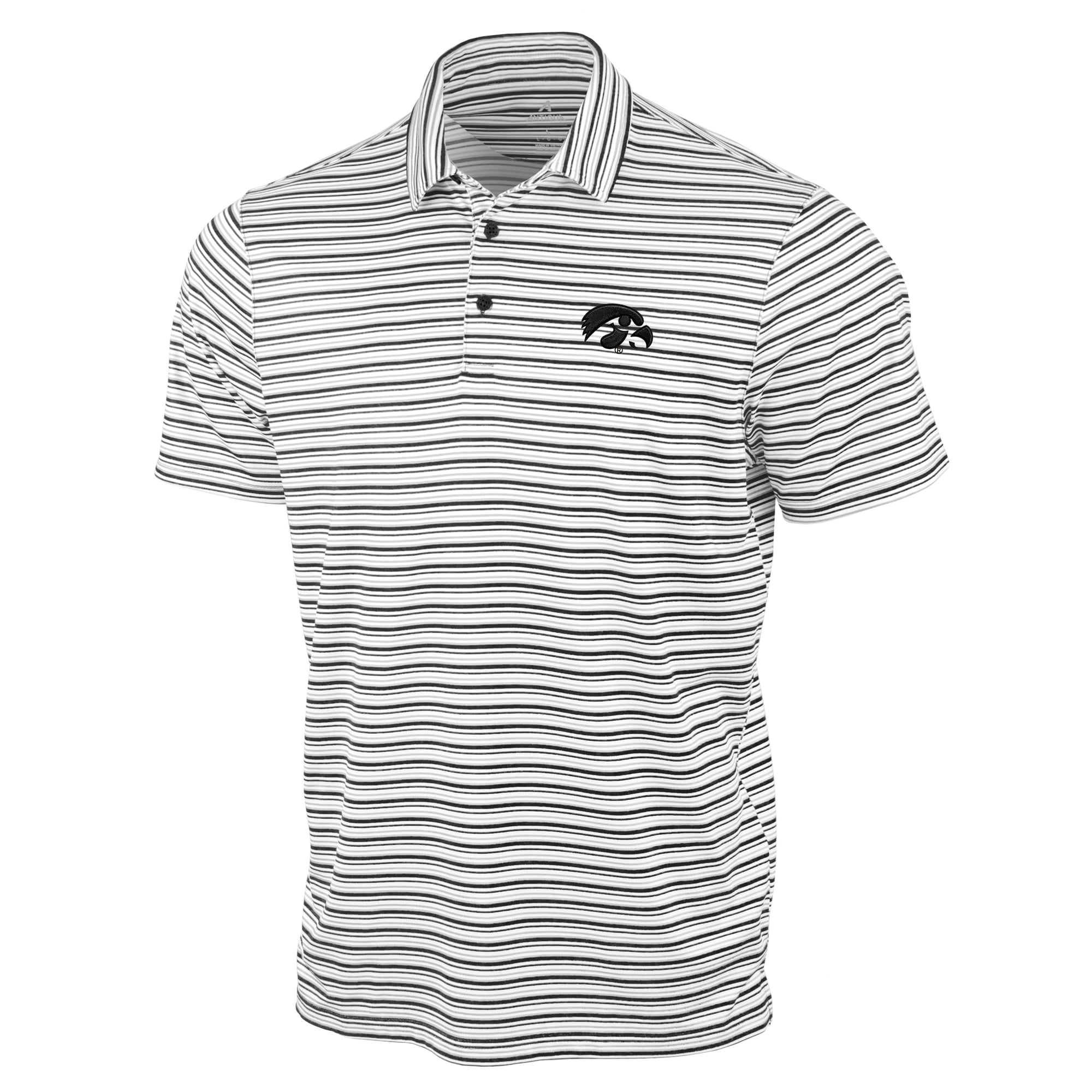 Men's Antigua Black Iowa Hawkeyes Space Stripe Polo
