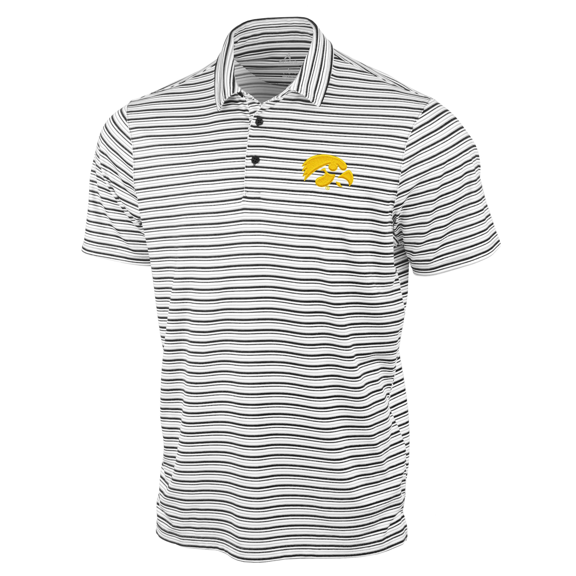 Men's Antigua Black Iowa Hawkeyes Space Stripe Polo