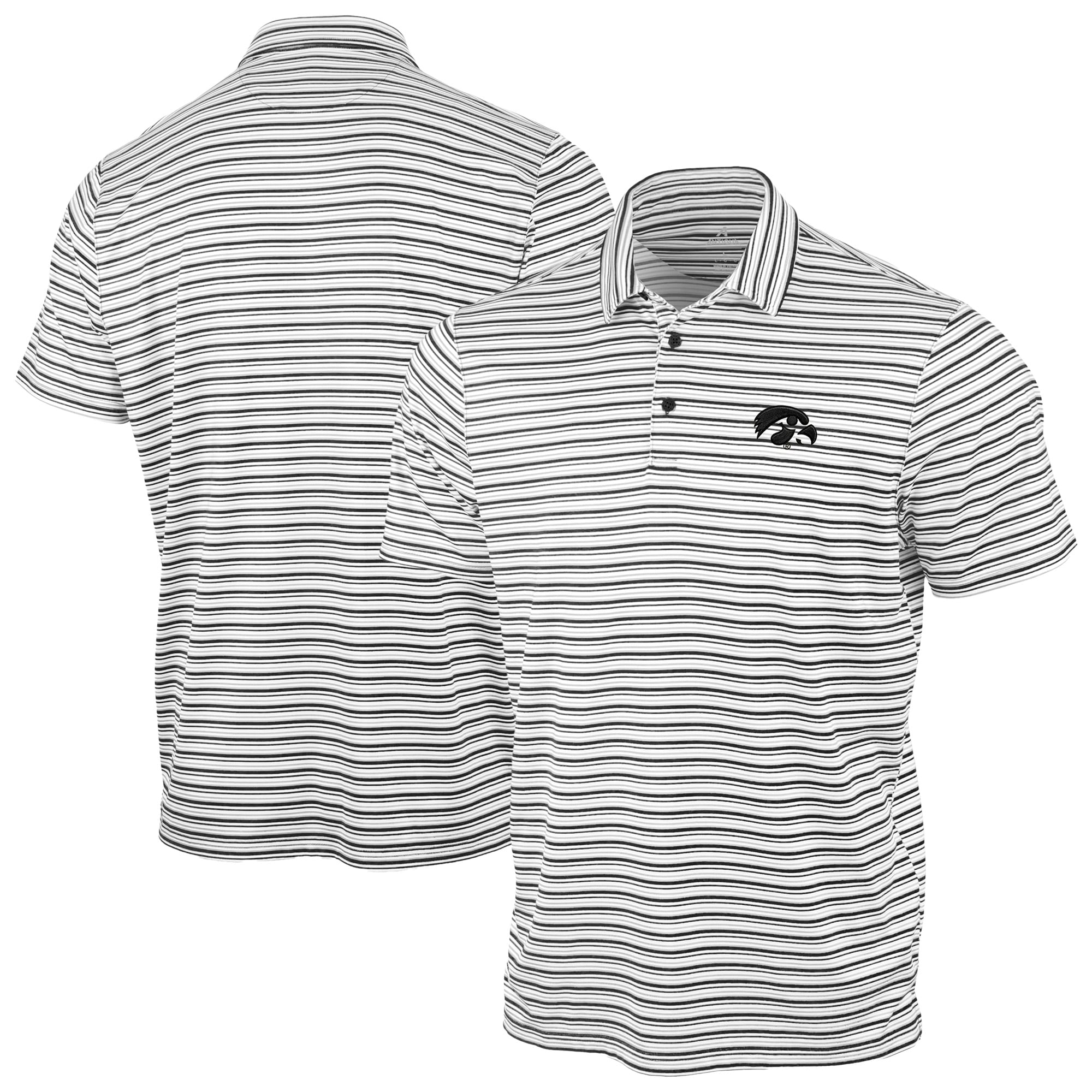 Men's Antigua Black Iowa Hawkeyes Space Stripe Polo