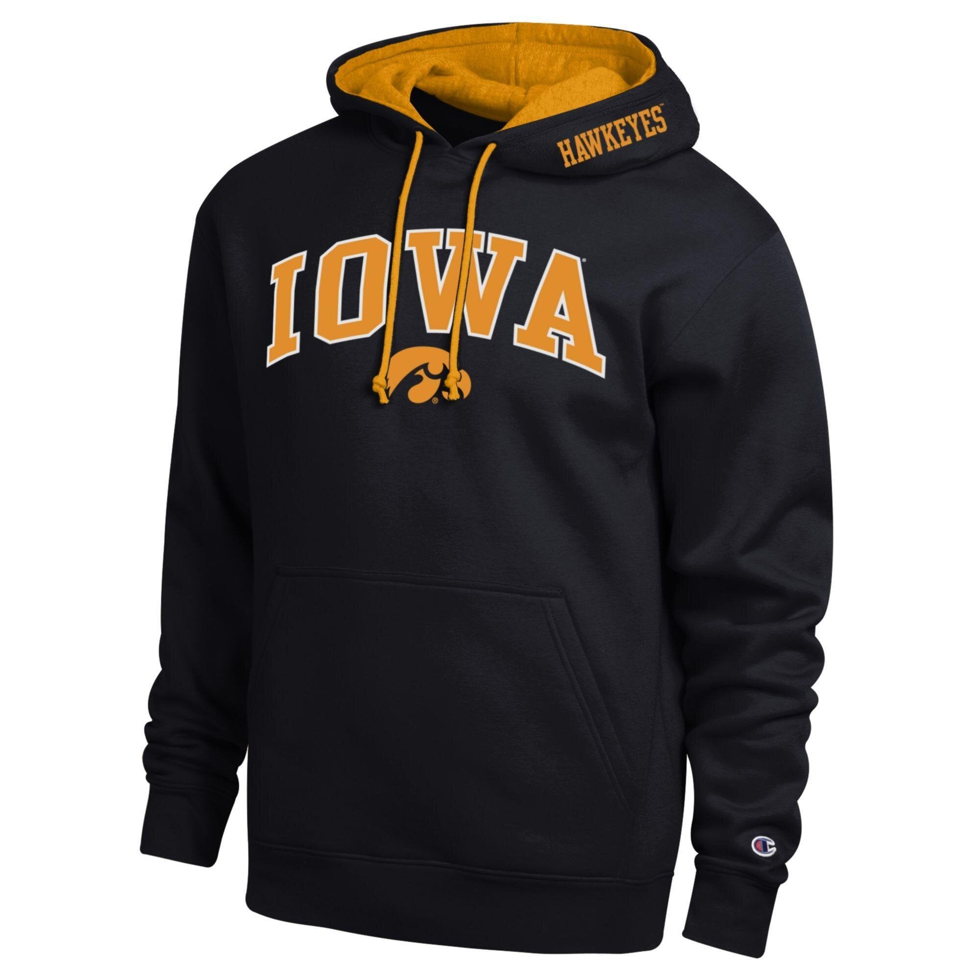 Men's Champion Black Iowa Hawkeyes Arch Tackle Twill Hoodie