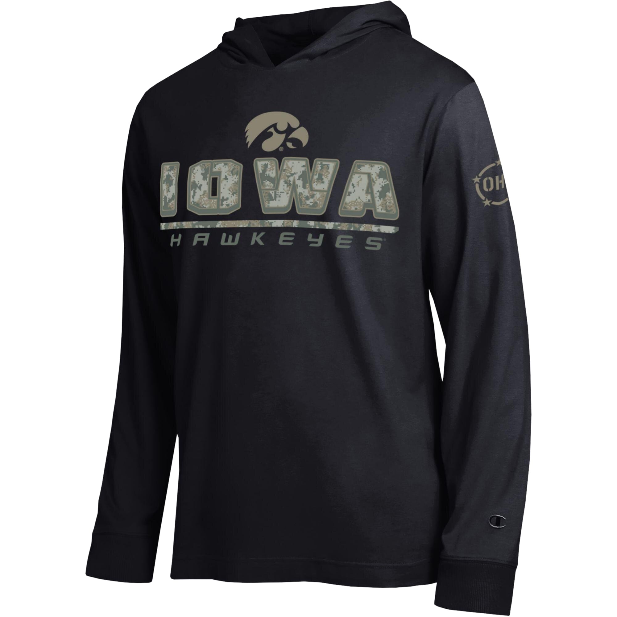 Men's Champion Black Iowa Hawkeyes Operation Hat Trick Camo Script Hooded Long Sleeve T-Shirt