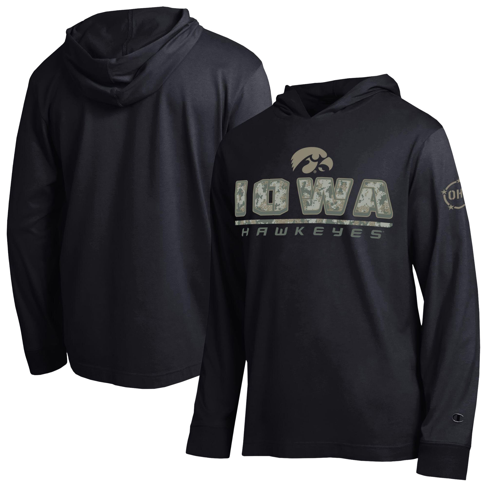 Men's Champion Black Iowa Hawkeyes Operation Hat Trick Camo Script Hooded Long Sleeve T-Shirt