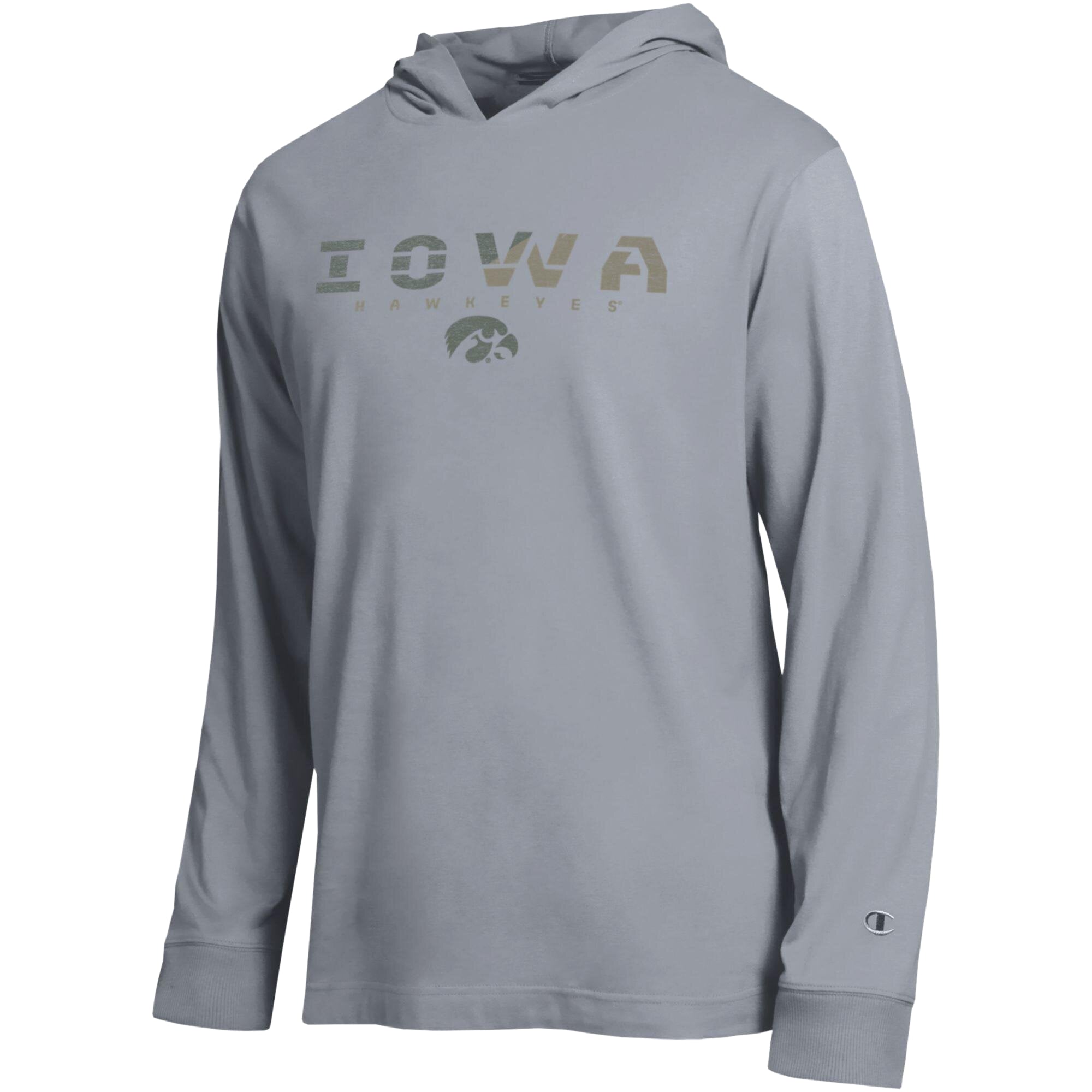 Men's Champion Gray Iowa Hawkeyes Operation Hat Trick Flag Hooded Long Sleeve T-Shirt