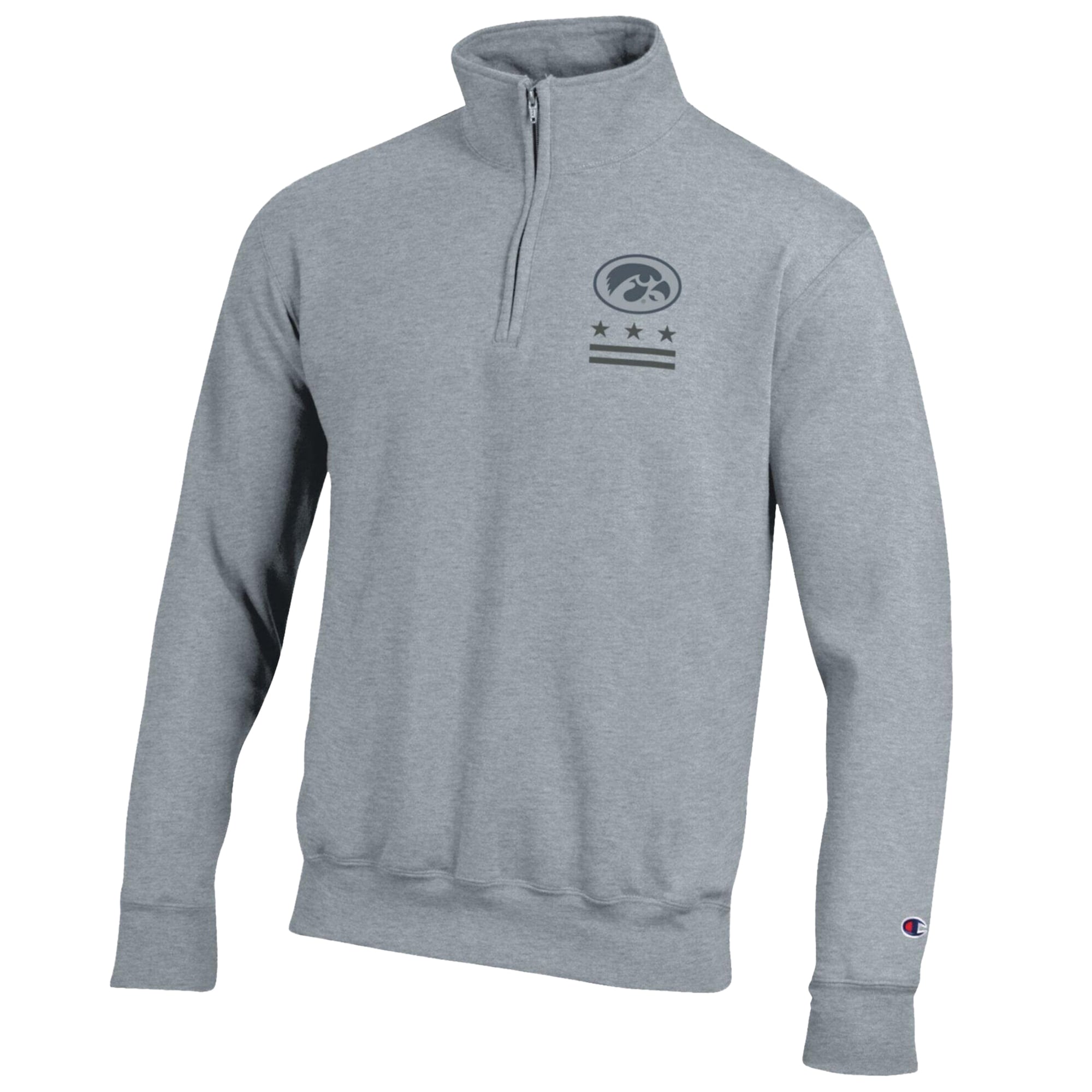 Pull-over à col zippé Champion pour homme, gris chiné, Iowa Hawkeyes, motif « Operation Hat Trick Flag », en polaire Powerblend.