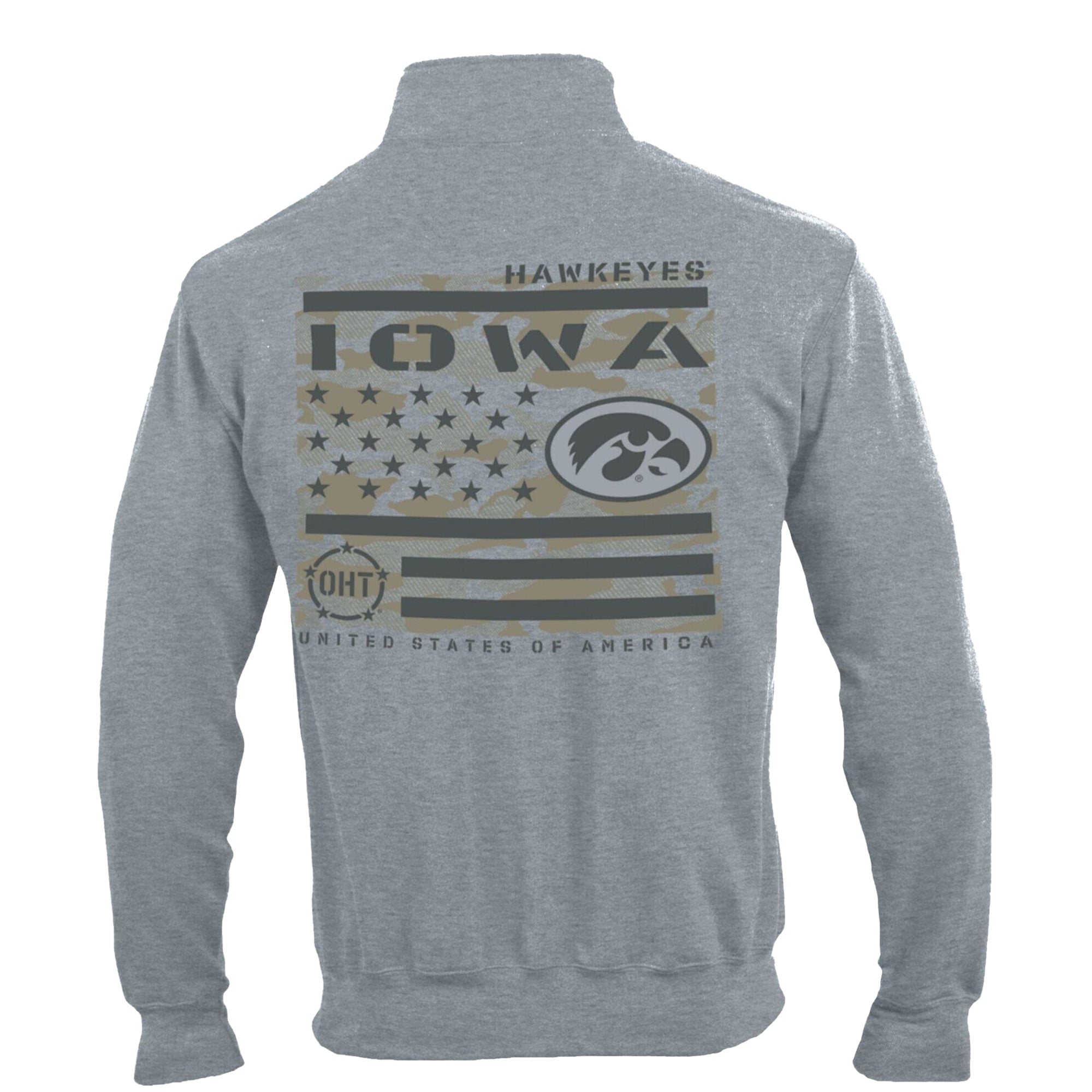 Pull-over à col zippé Champion pour homme, gris chiné, Iowa Hawkeyes, motif « Operation Hat Trick Flag », en polaire Powerblend.