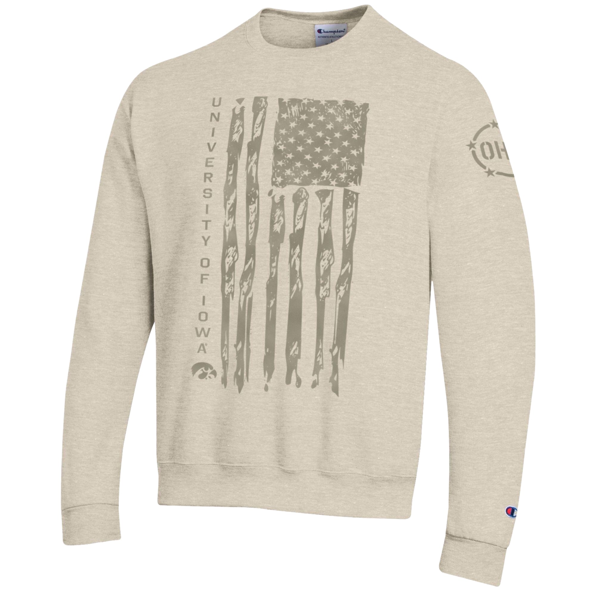 Men's Champion Oatmeal Iowa Hawkeyes Operation Hat Trick Flag Fleece Crewneck Sweatshirt
