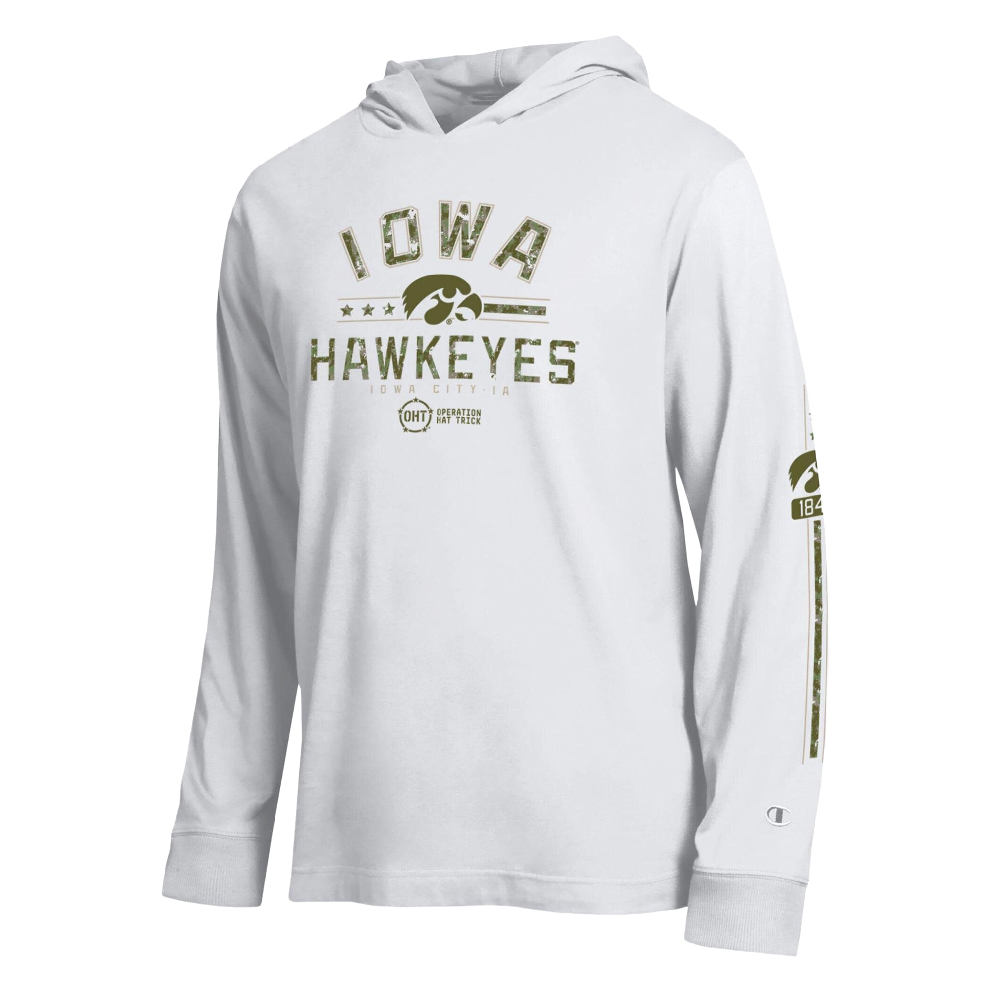 Men's Champion  White Iowa Hawkeyes Operation Hat Trick Sleeve Line Hooded Long T-Shirt