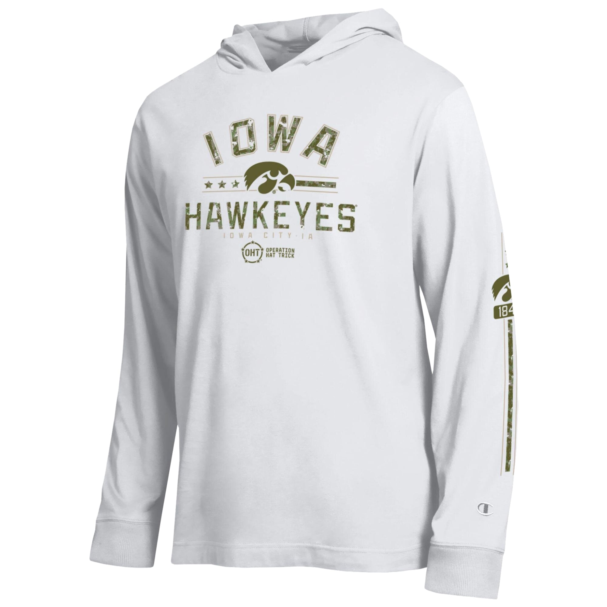Men's Champion White Iowa Hawkeyes Operation Hat Trick Sleeve Line Hooded Long T-Shirt