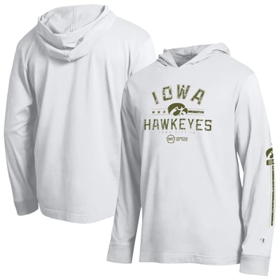  Iowa Hawkeyes Champion Operation Hat Trick Sleeve Line Hooded Long Sleeve T-Shirt - White
