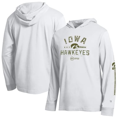  Iowa Hawkeyes Champion Operation Hat Trick Sleeve Line Hooded Long Sleeve T-Shirt - White