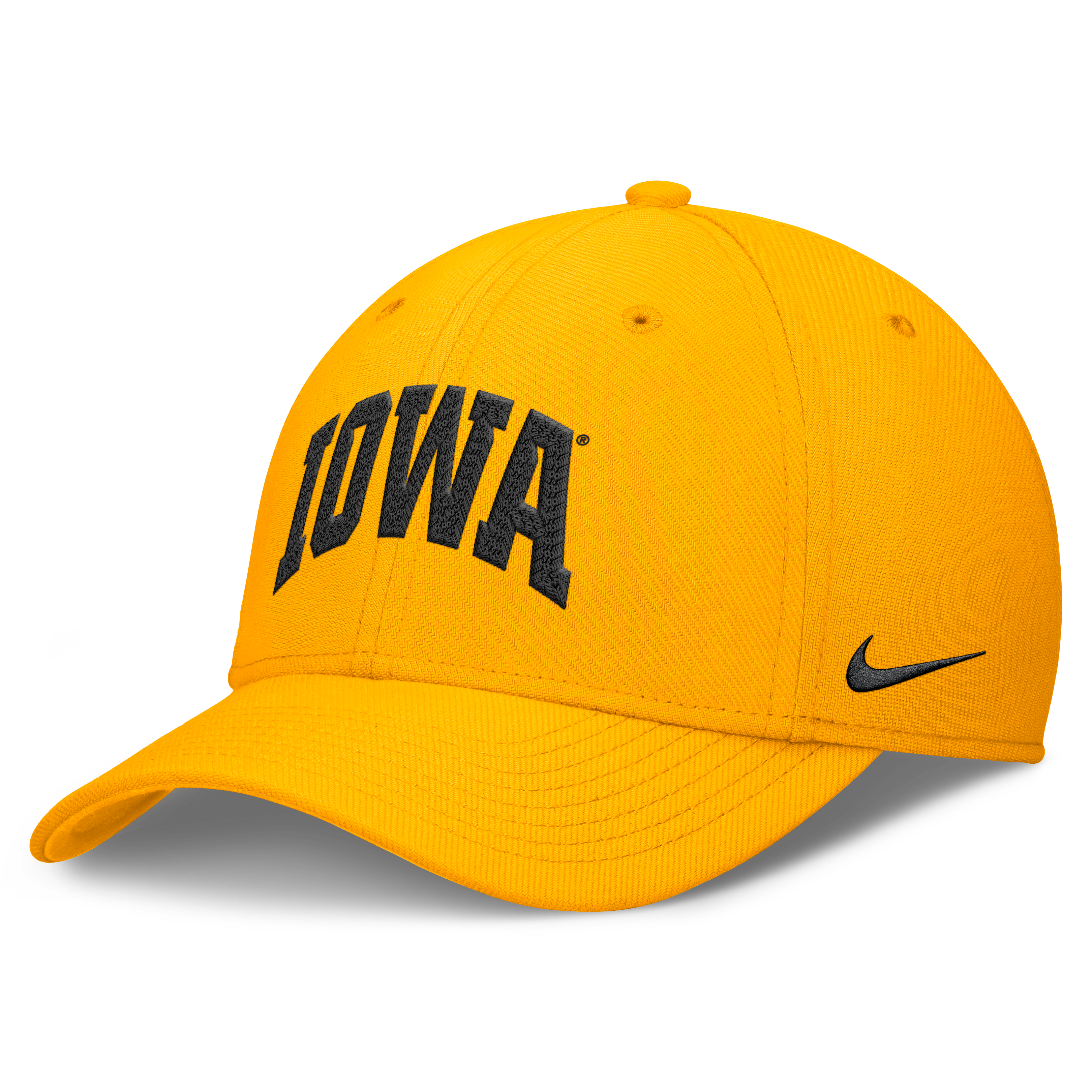 Casquette Nike Iowa Hawkeyes dorée pour homme, logo Swoosh et technologie Dri-FIT.