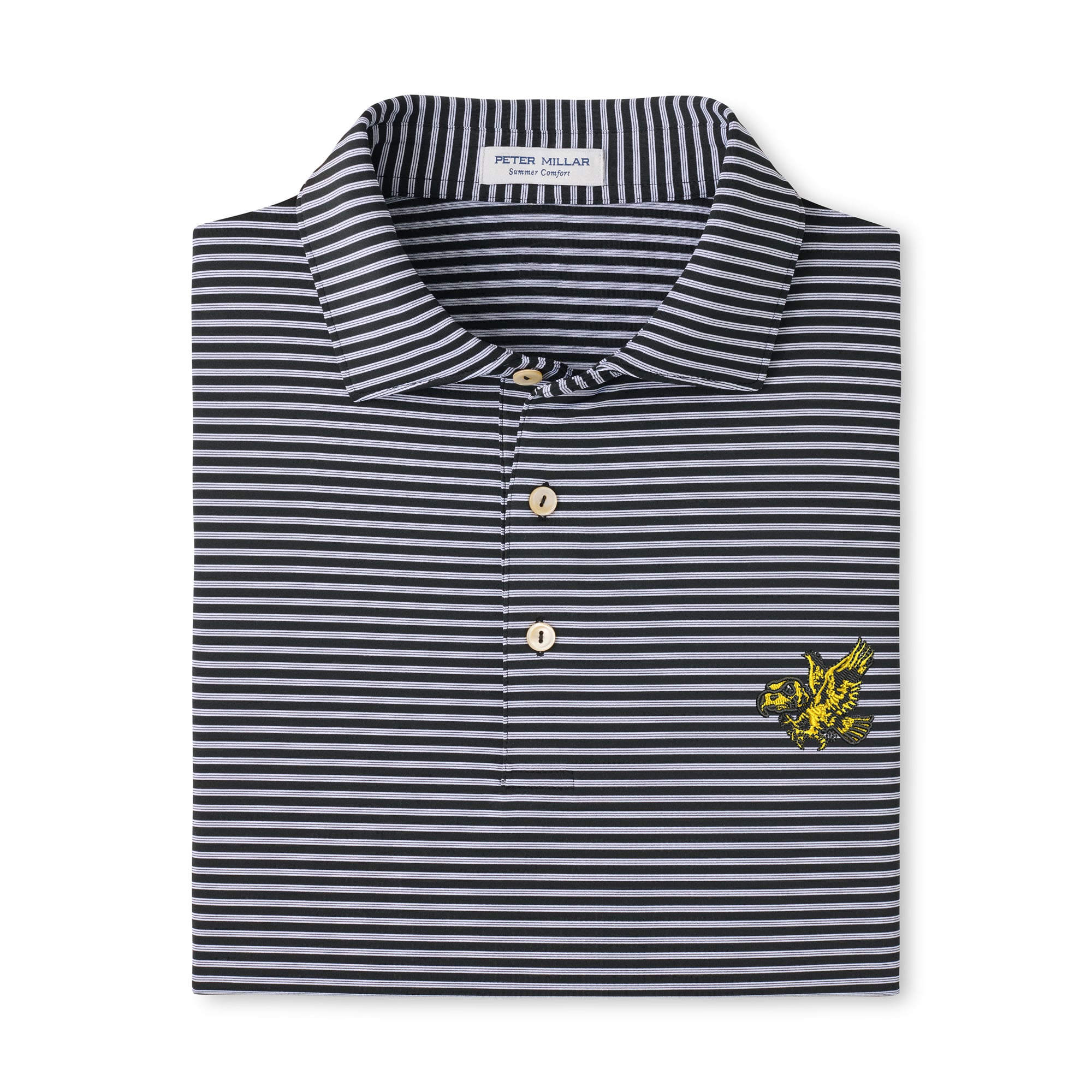 Polo rayé Peter Millar noir pour homme, modèle Tiebreaker Performance Jersey, Iowa Hawkeyes.