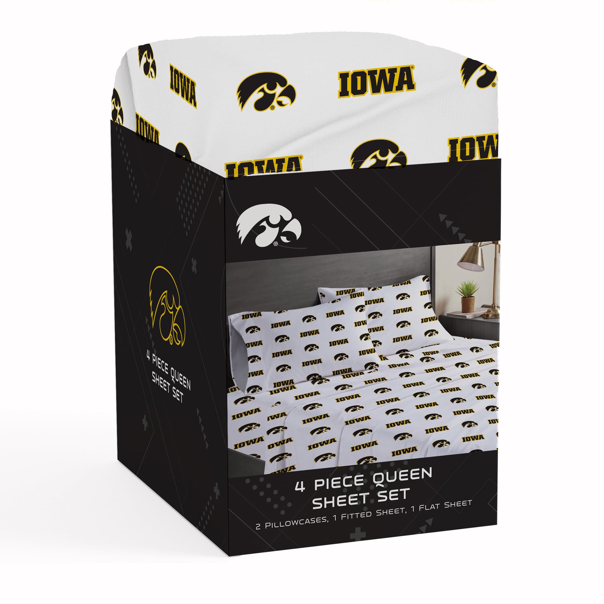 Ensemble de draps quatre pièces Pegasus Iowa Hawkeyes pour lit queen