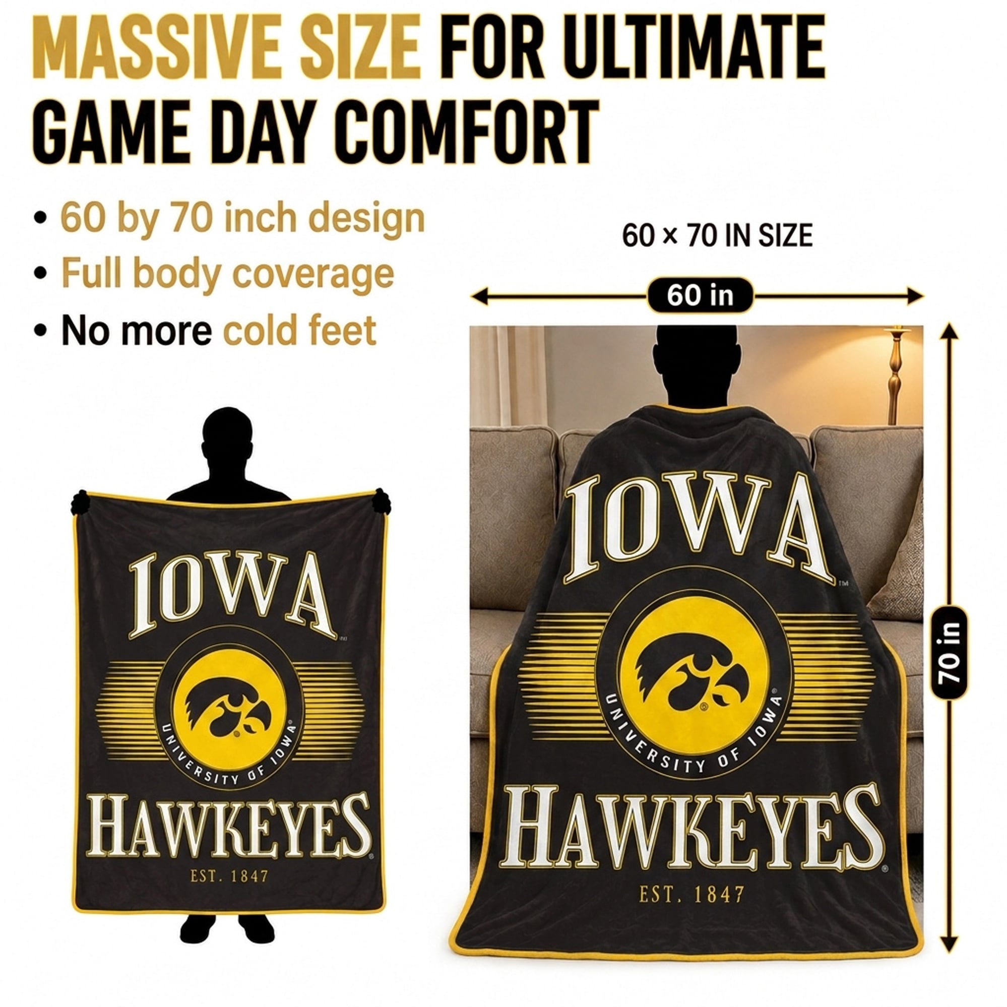 Pegasus Iowa Hawkeyes Spotlight Arch 60" x 70" Ultra Soft Throw Blanket