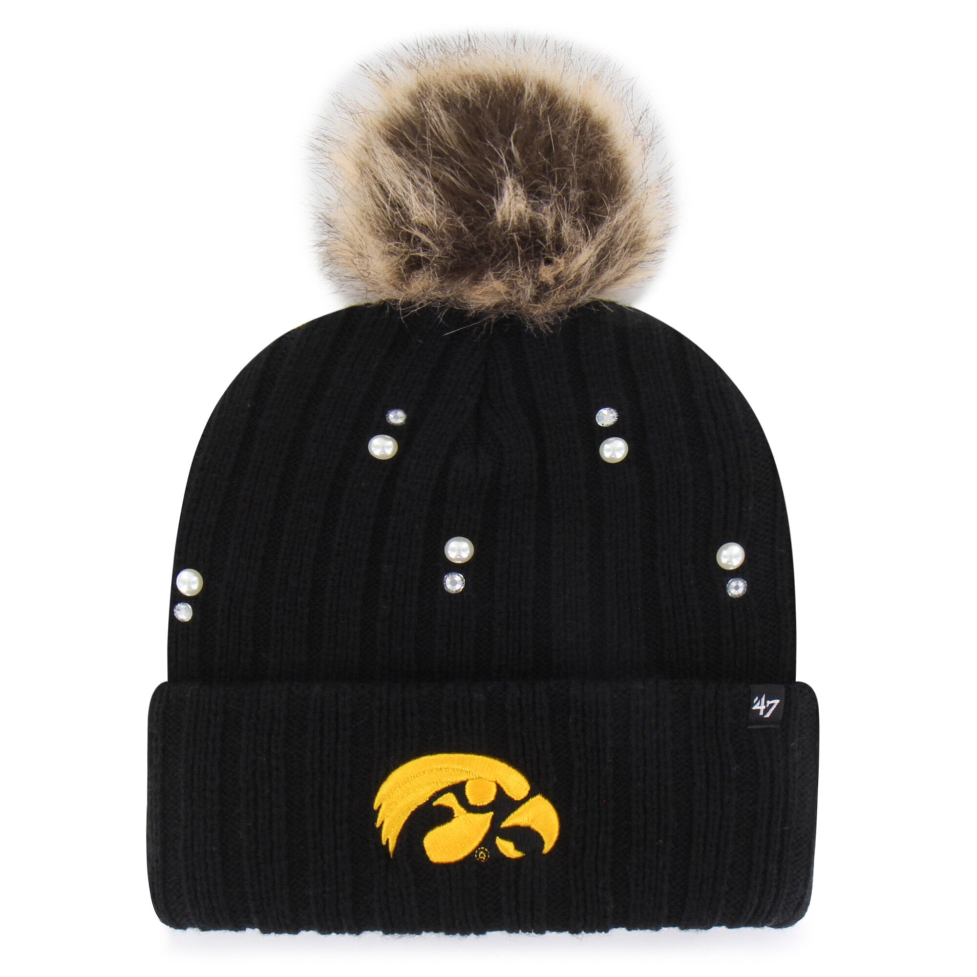 Bonnet en maille de fourrure nacrée noire Iowa Hawkeyes '47 pour femme avec pompon