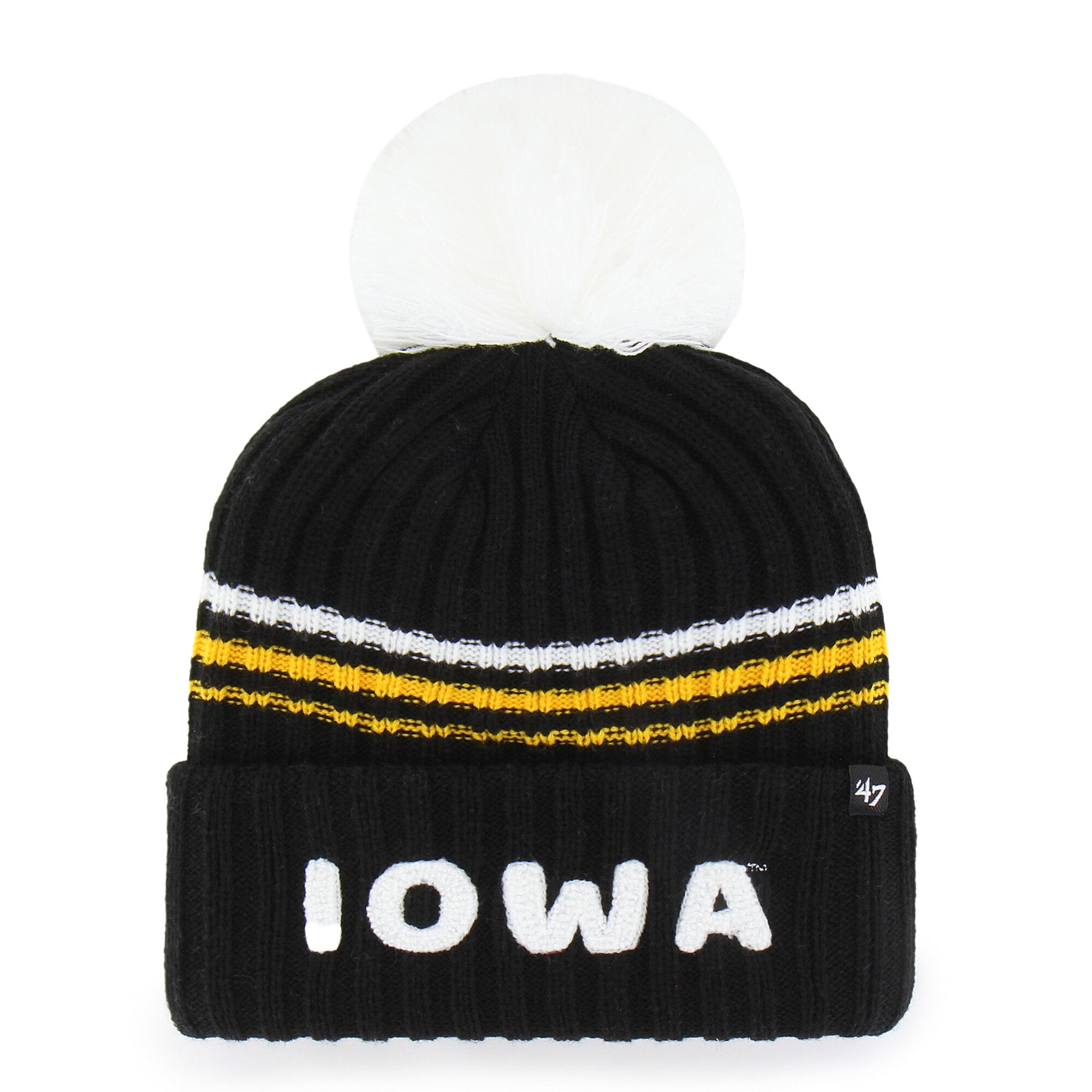 Bonnet tricoté à pompon et inscription duveteuse « 47 » pour femme, noir, Iowa Hawkeyes