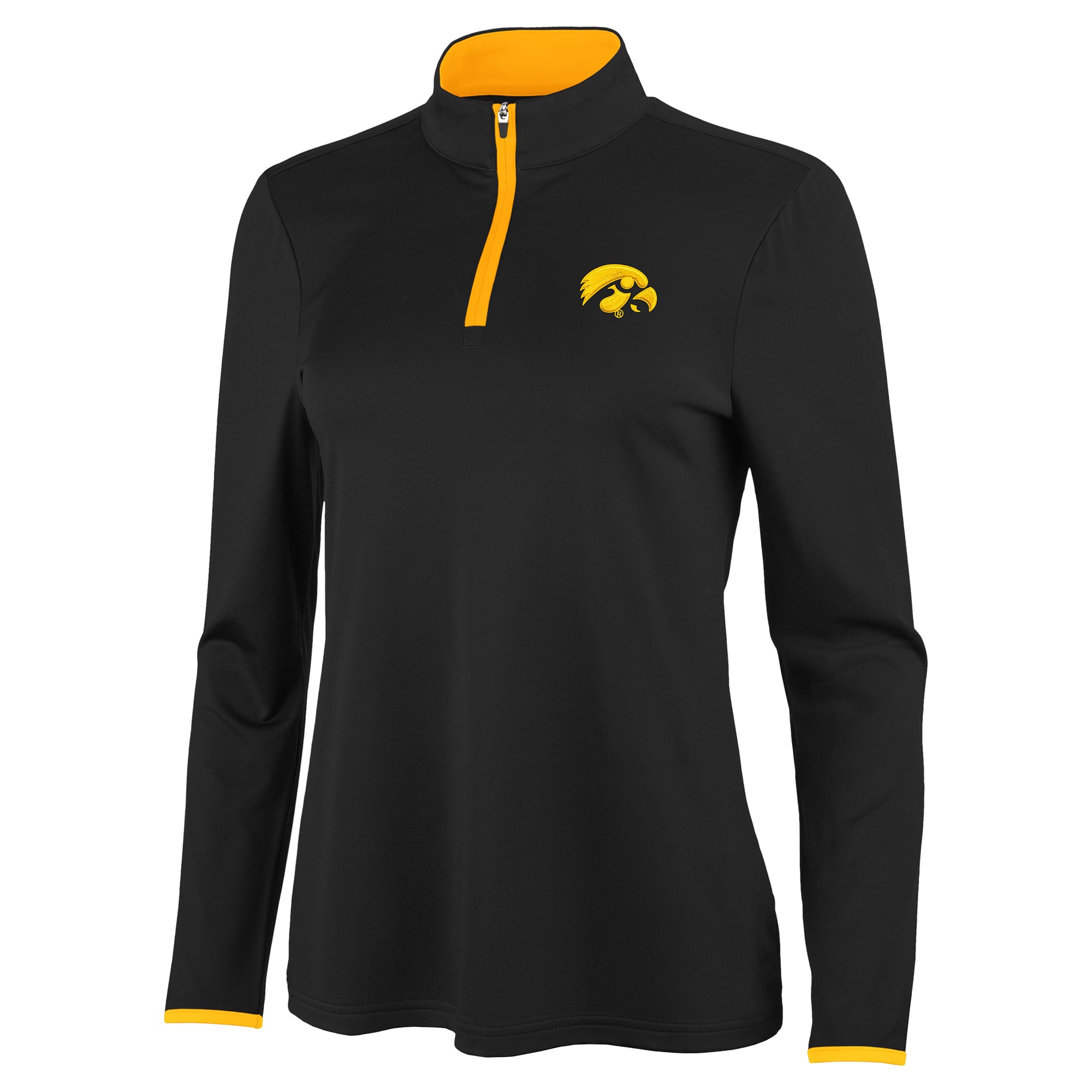 Pull à col zippé Antigua noir et or Iowa Hawkeyes pour femme