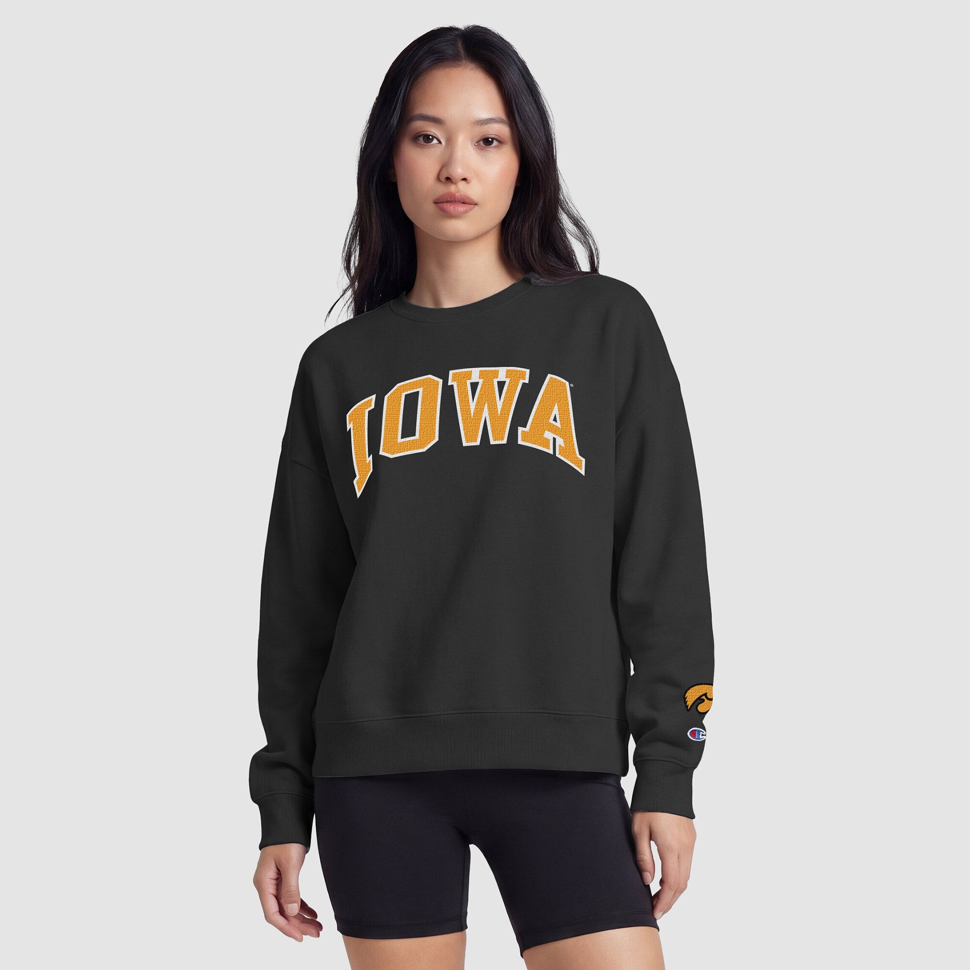 Women's Champion  Black Iowa Hawkeyes Fleece Crew Sweatshirt