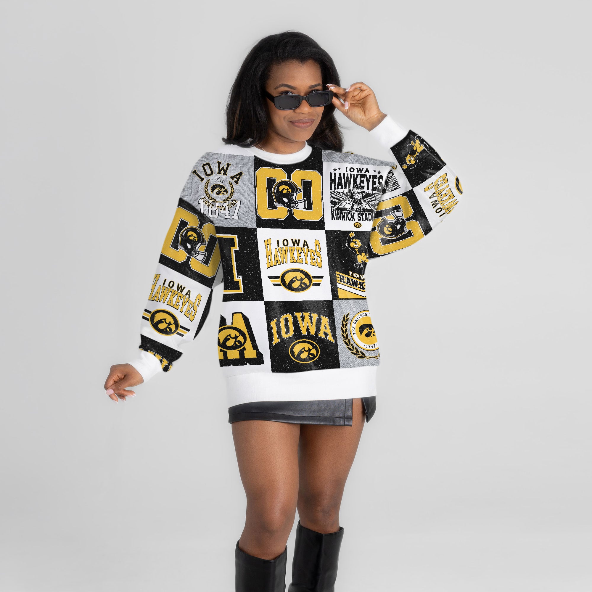 Pull à manches longues patchwork Iowa Hawkeyes Highlight Reel noir pour femme
