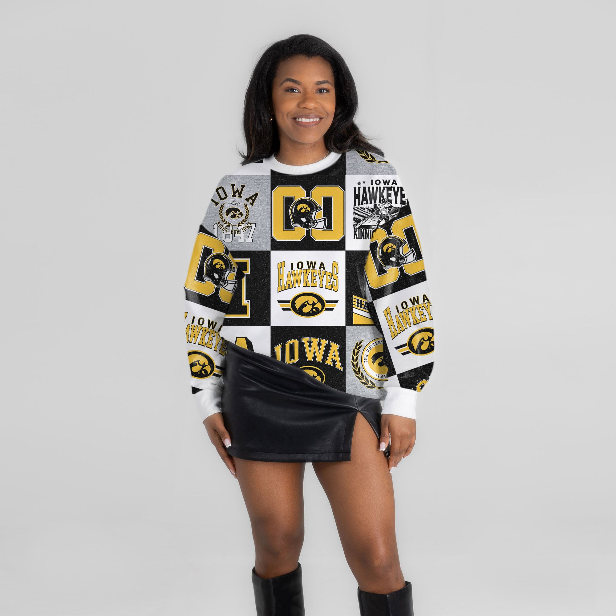 Pull à manches longues patchwork Iowa Hawkeyes Highlight Reel noir pour femme