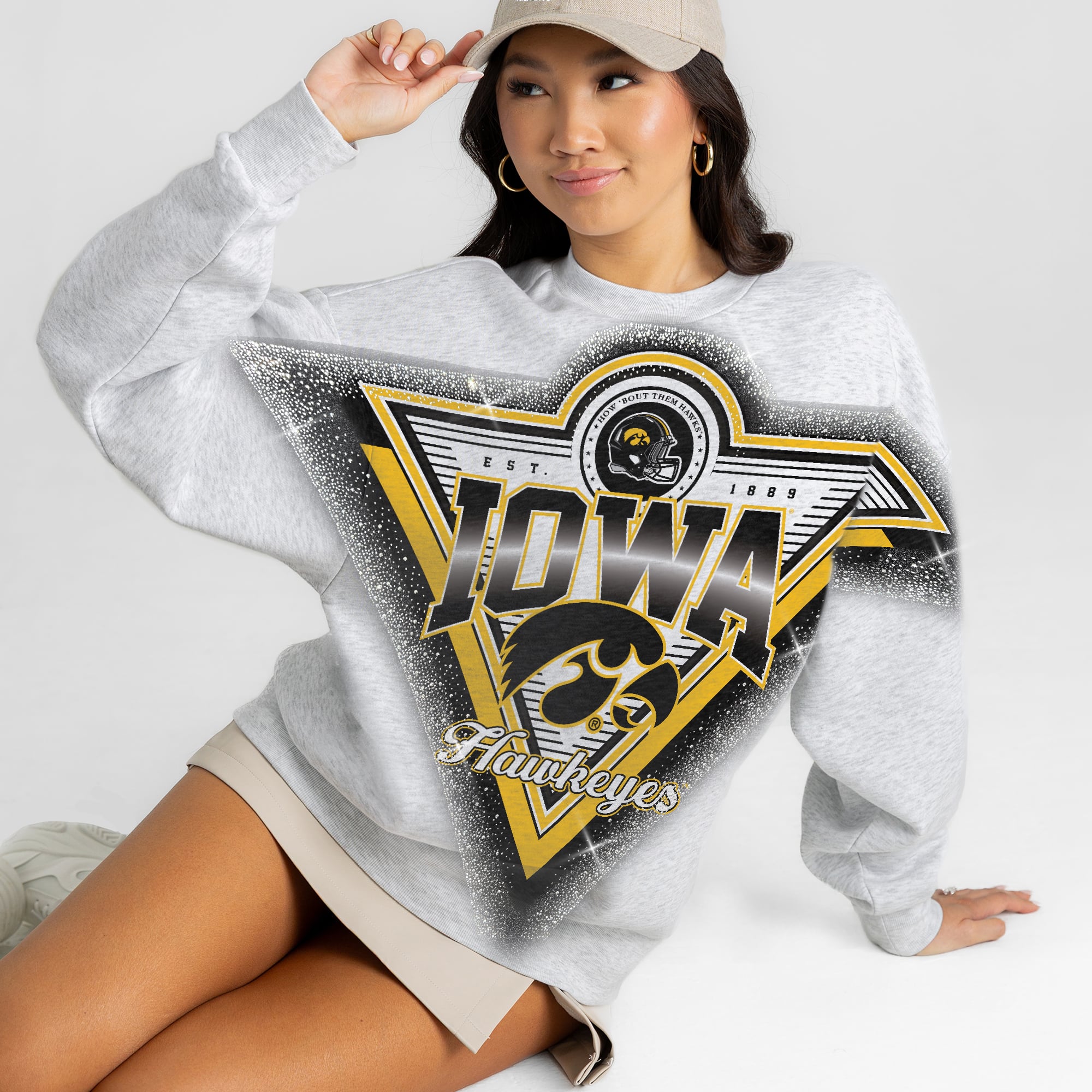Women's Gameday Couture Gray Iowa Hawkeyes Chasing Victory Rhinestone Spray Oversized Fleece Sweatshirt