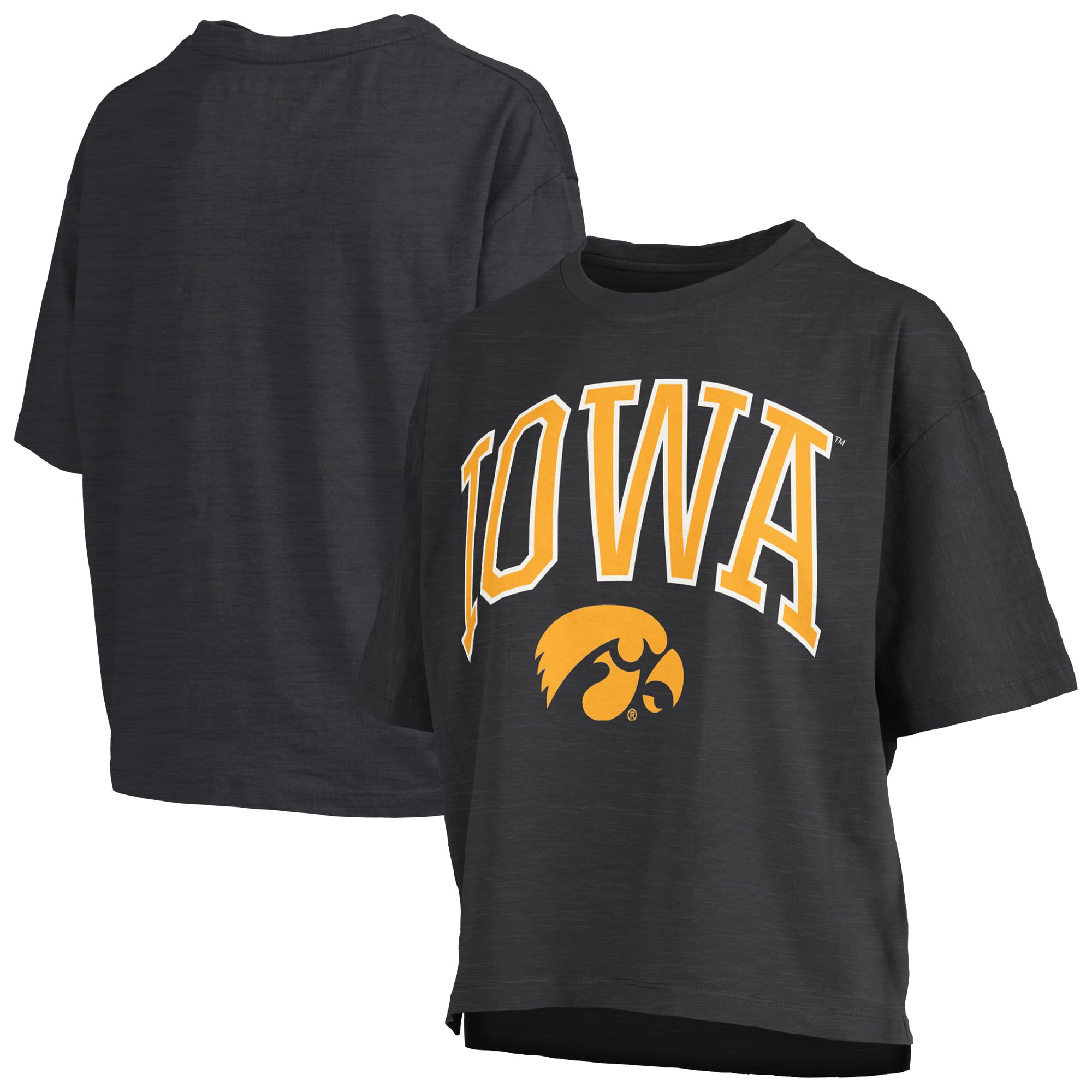 T-shirt oversize Pressbox Black Iowa Hawkeyes pour femmes, logo Nelson Arch Over, en tissu flammé.
