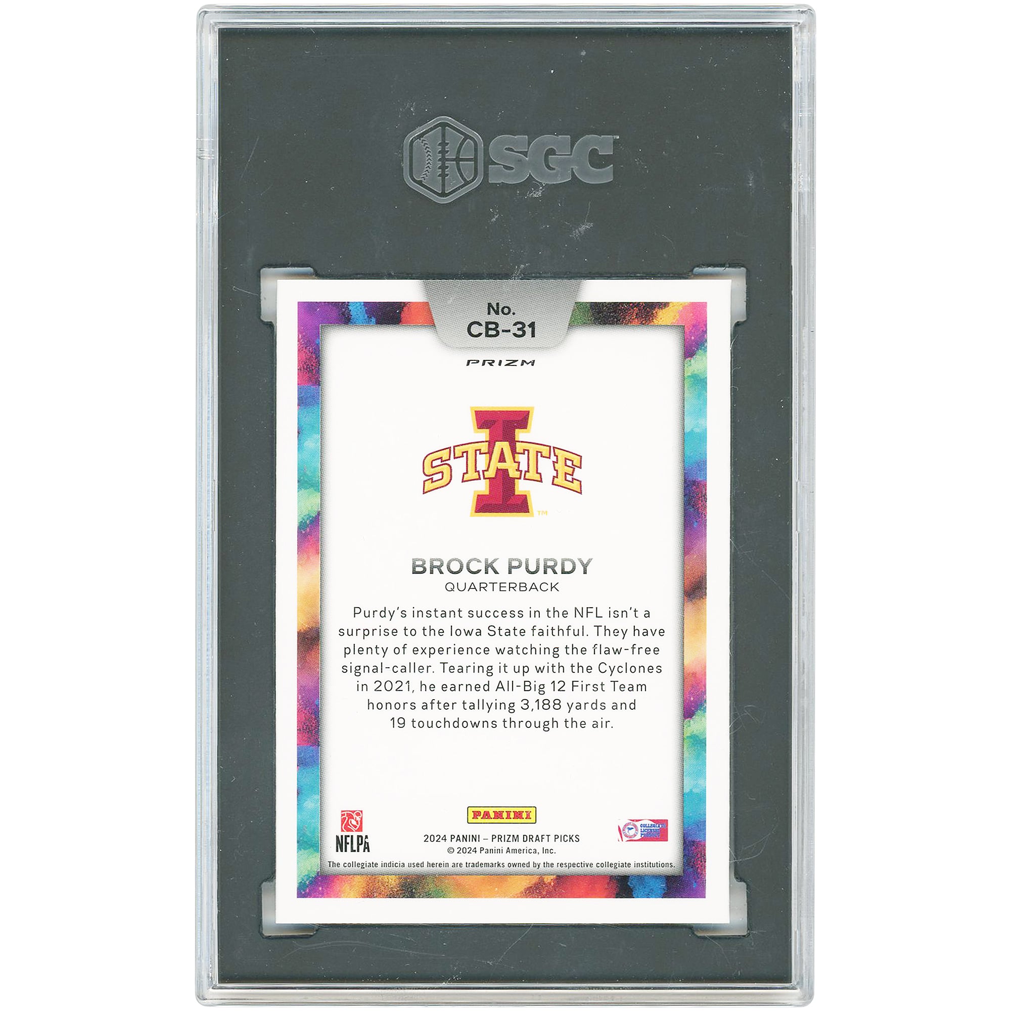 Carte Brock Purdy Iowa State Cyclones 2024 Panini Prizm Draft Picks Color Blast #CB-31 authentifiée SGC 9.5