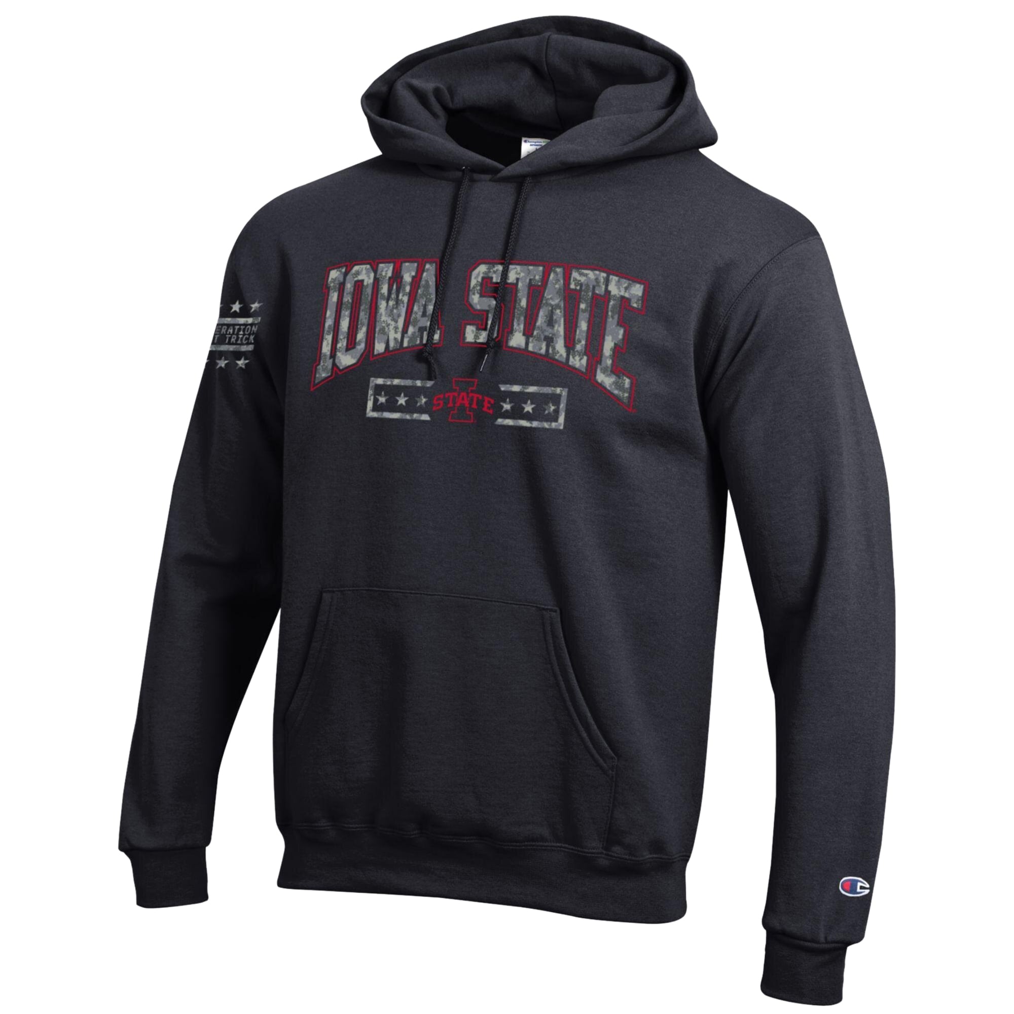Men's Champion Black Iowa State Cyclones Operation Hat Trick Camo Script Powerblend Fleece Hoodie