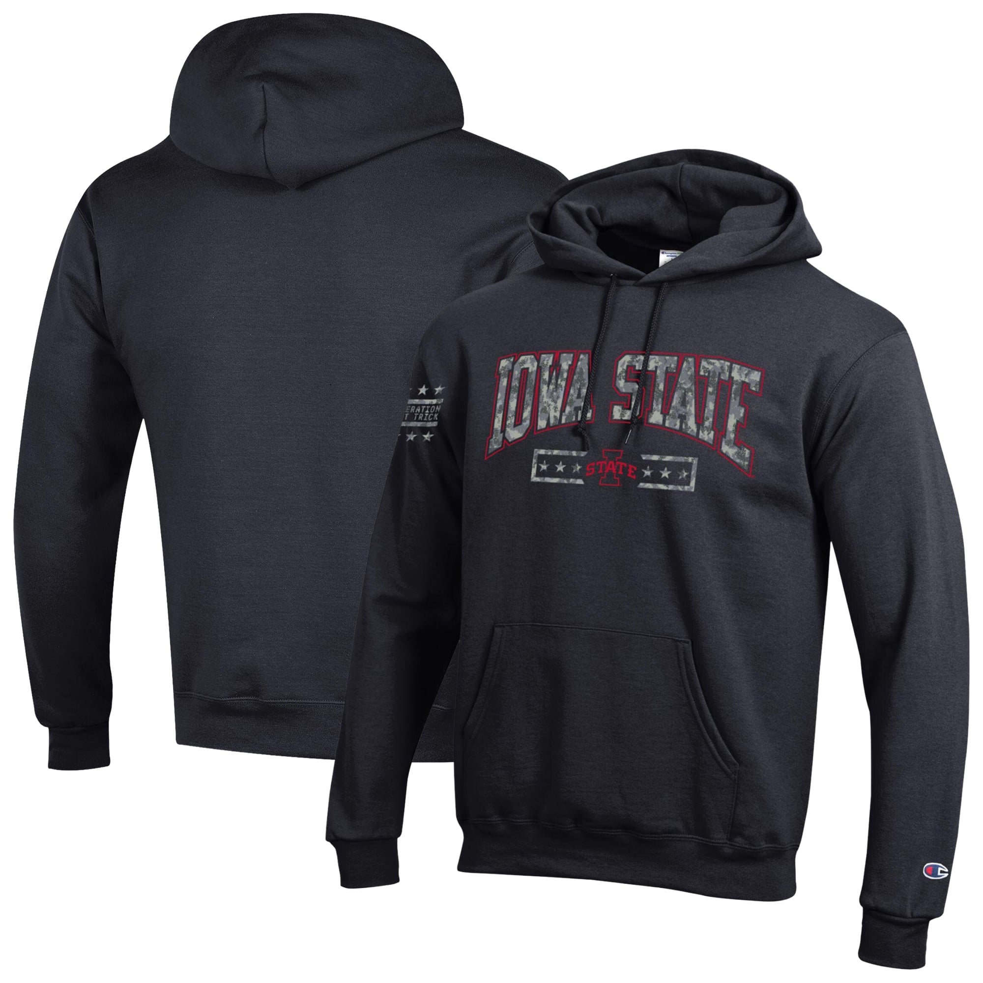 Men's Champion Black Iowa State Cyclones Operation Hat Trick Camo Script Powerblend Fleece Hoodie