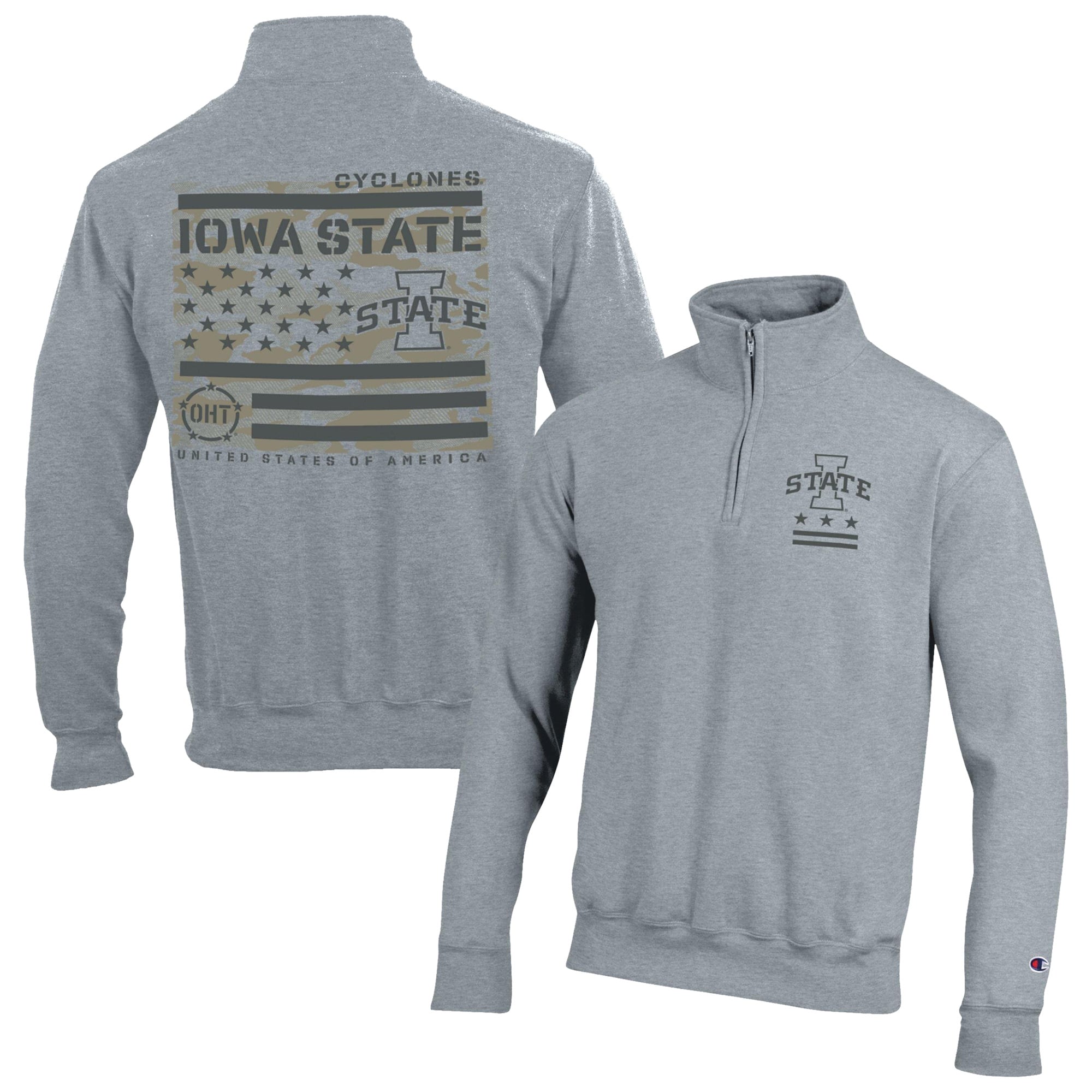 Men's Champion Gray Iowa State Cyclones Operation Hat Trick Flag Powerblend Fleece Quarter-Zip Pullover