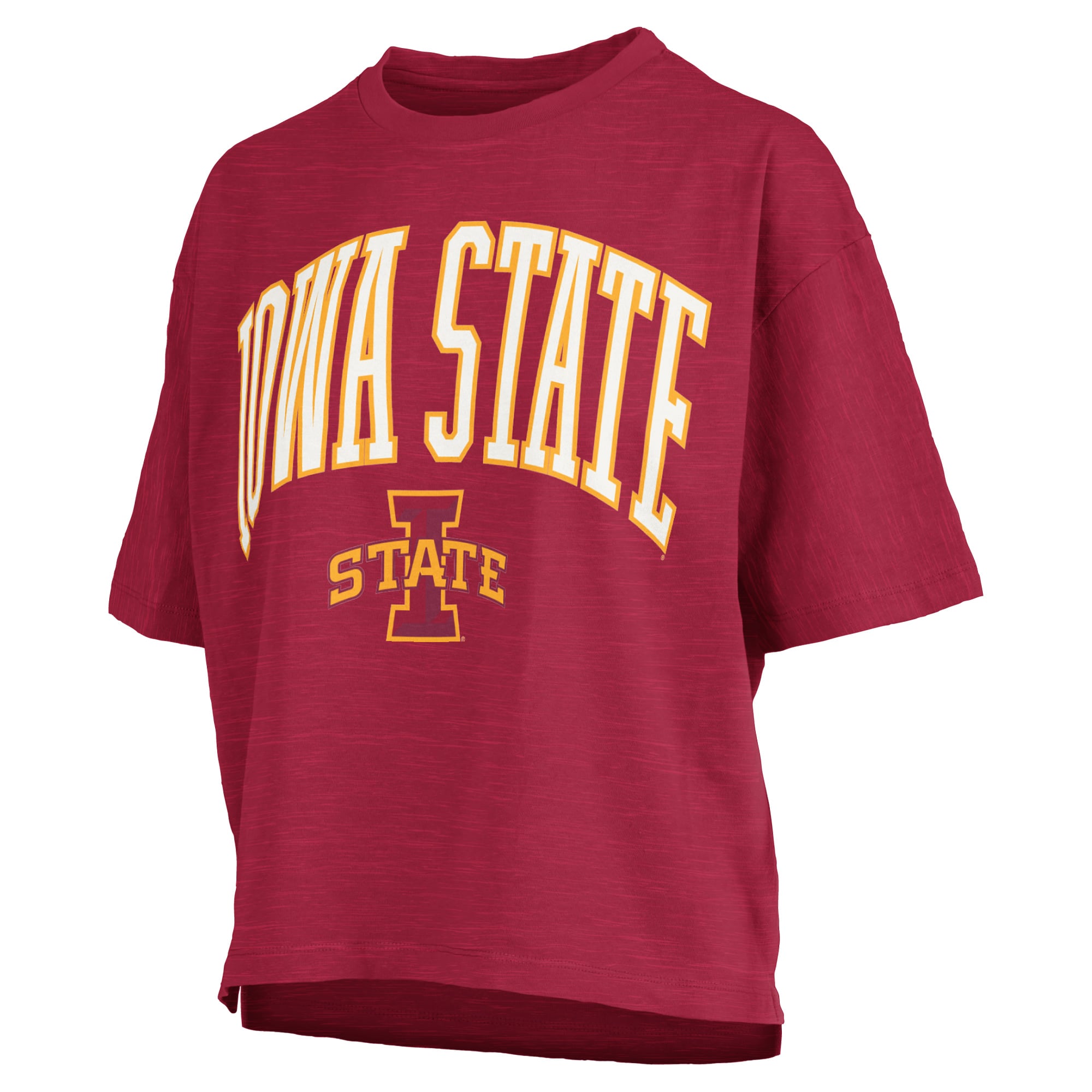 T-shirt oversize Pressbox Cardinal Iowa State Cyclones pour femmes, logo Nelson Arch Over, en flammèche